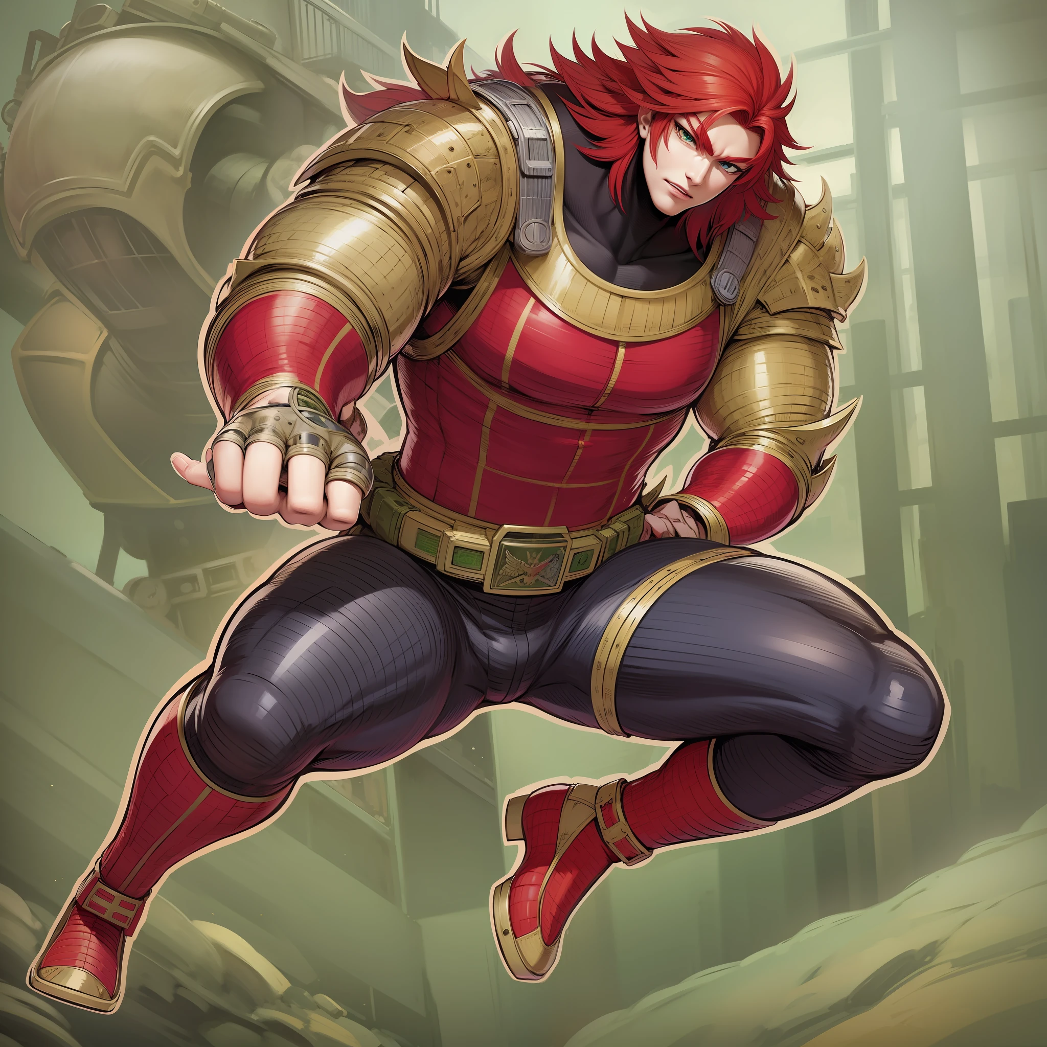 red hair, full armor, sentai hero, muscular man long hair, pants, vest, mantea, black cloths, full body, green eyes, five fingers