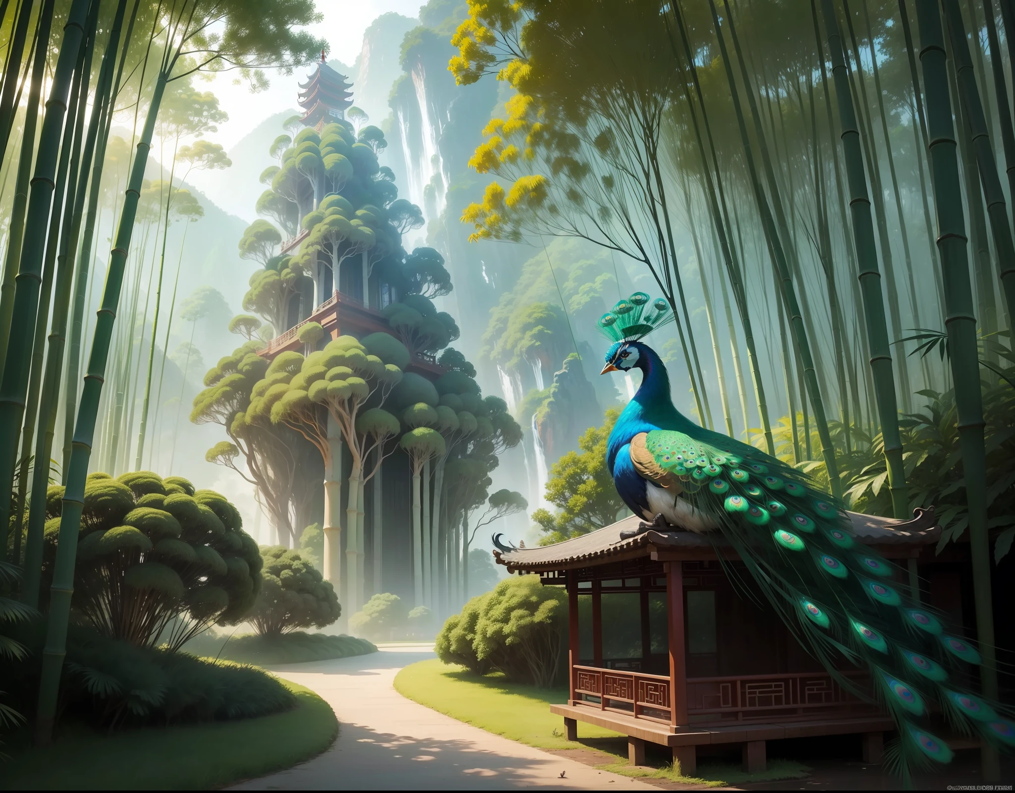 (Chinese style, realistic scene, masterpiece, top quality, best, bamboo: 0.96, coconut tree, long exposure: 1.2, peacock: 1.3), peacock wings bloom in the center of the picture, with Xishuangbanna as the background, realistically presenting a tropical atmosphere; Coconut trees and bamboo groves decorate the picture, between falling long bamboo leaves and peacock feathers, presenting a visual feast of bamboo forest micro-movement. surrealism