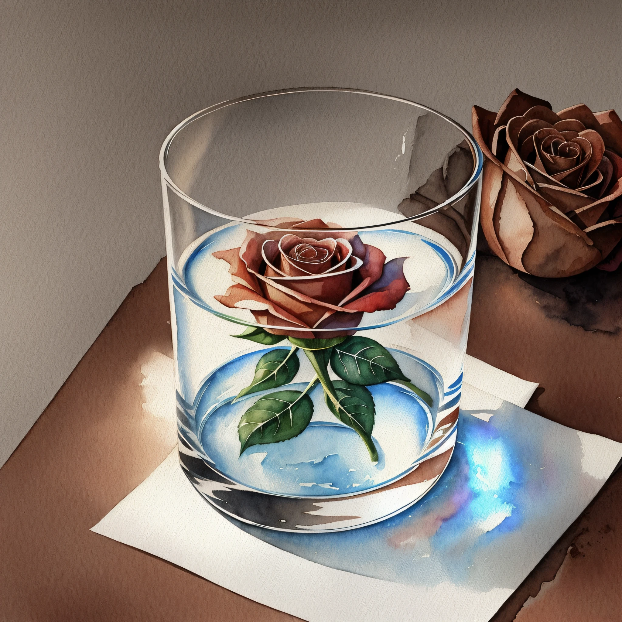 a glass of water, with a dry, brown rose inside it, art in watercolor. --auto --s2