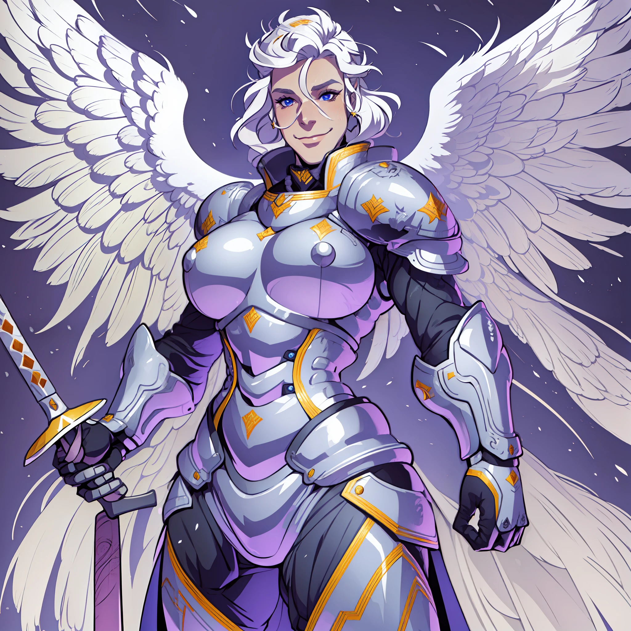 knight, young girl, sword holding , schield holding, angel, silver hair, blue eyes, portrait, 1character, full body, musclegirl , huge breast, tall female, portrait, full body, smile, pants