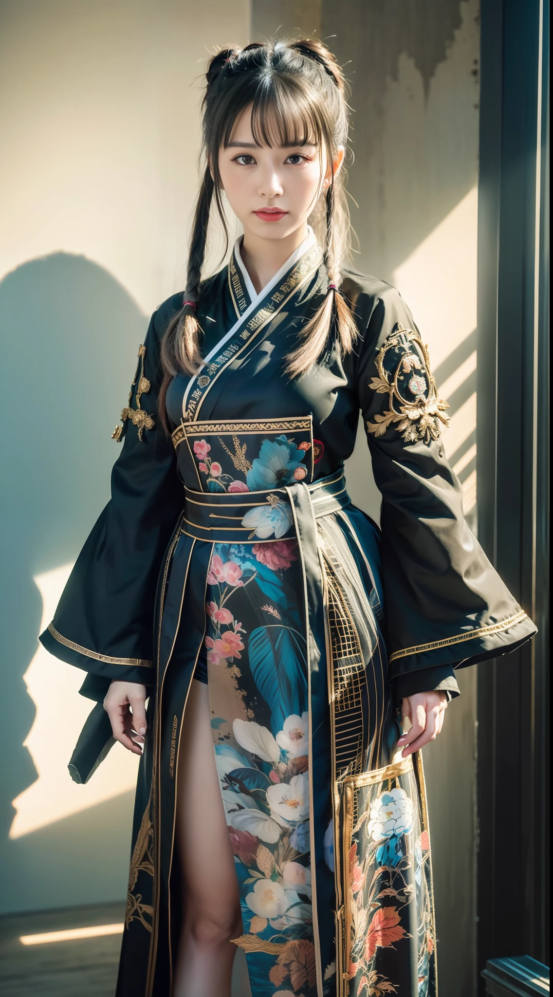 Hanfu, National Style 3.2, Full Body, Walking Posture, Slow Motion, Men Wear Full Body Multi-layered (Heavy Robe: 1.2), (Blue Ice Flower Long Dress: 1.2), Gloves, (Very Detailed, Bloom: 1.5), (Highest Quality, Alessandro Casagrande, Greg Rutkowski, Sally Mann, Concept Art, 4k), (Analog: 1.2), (High Definition), (Detail Pupil: 1.1), Viewer-facing, Shy Expressions, (Painting: 1.1), (Digital Painting: 1.1), Detailed Face and Eyes, Masterpiece, Best Quality, (Highly Detailed Photo: 1.1), 8K, Realistic, (Ice Hair Color, Dynamic Hairstyle), (pureerosface_v1:0.1), Jeremy Mann, Sandra Chevrier, Maciej kuciara, sharp, (torn body: 1.1), realistic, realistic shadows, (ice background: 1.2), (Michelangelo), ohwx style<lora: (style of ohwx) masterpiece, best quality, (extremely detailed CG unity 8k wallpaper, masterpiece, best quality, ultra-detailed, best shadow), (detailed background), (beautiful detailed face, beautiful detailed eyes), High contrast, (best illumination, an extremely delicate and beautiful), (girl:1.5), ((Not relevant)), ((caustic)), dynamic angle, beautiful detailed glow, (portrait:0.2),dynamic angle, beautiful detailed glow, (portrait:0.2),pigtail,full body,