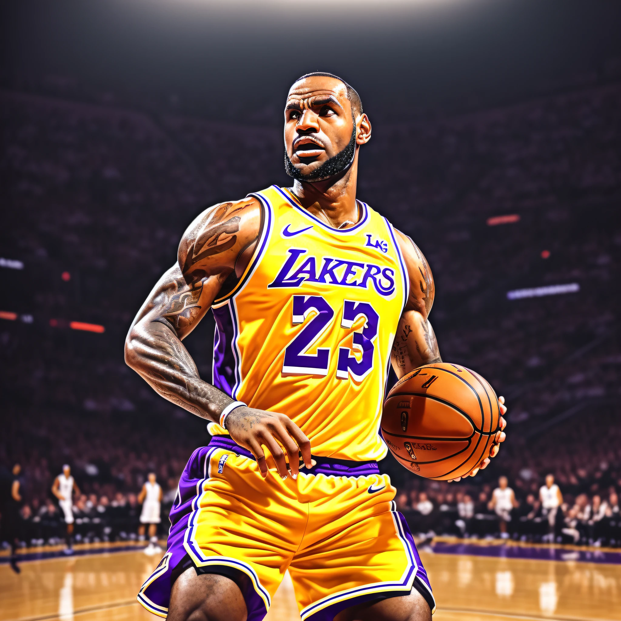 (There's a man playing basketball on the court:1.2), posterized, portrait of LeBron James, center focused, (LeBron James:1.3), dunking, concentrated face, Lakers uniform, spectacular lighting, black background, chrome effect.