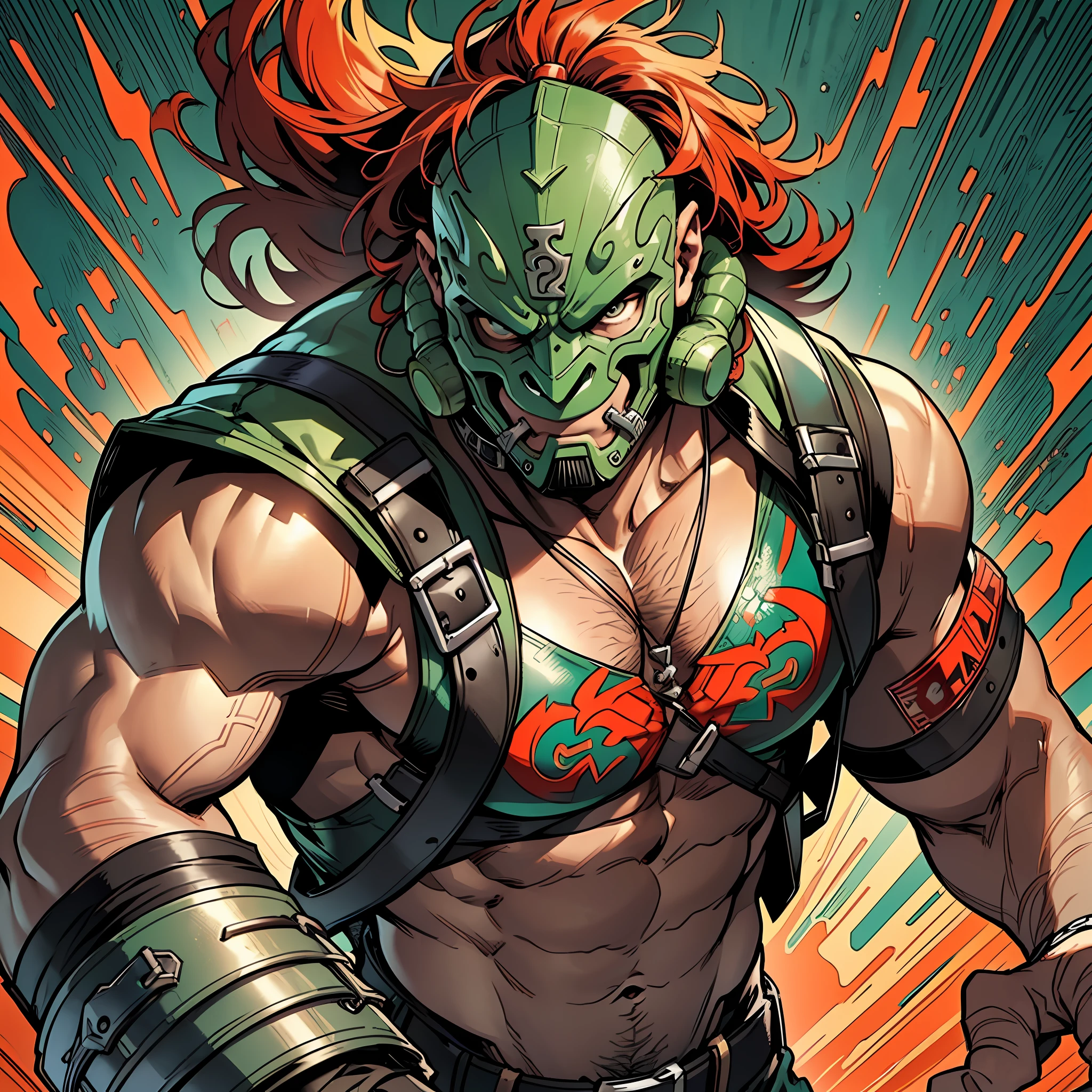 dieselpunk, ((inked, splash art, cover, masterpiece, high quality, best quality, high resolution, ultra-detailed, 8k:1.4)), 1man, solo, 1head, kind expression, a man wearing a leather mask in a boxing ring, portrait of Lucha Libre DJ Green, Lucha Libre, Mexican warrior, cactus leather mask on face, leather mask on face!, leather mask on face!!, muscular body, very massive body, very massive body, fat body, wrestler, red hair, army pants, Mayan cactus warrior, Aztec warrior with green mask, Lobo, comic book, LuchaLibre, post-apocalypic background, fight pose, pocket comic, by Todd McFarlane, complex, tonemapping, sharp focus, perspective, upper body, viewer looking at viewer