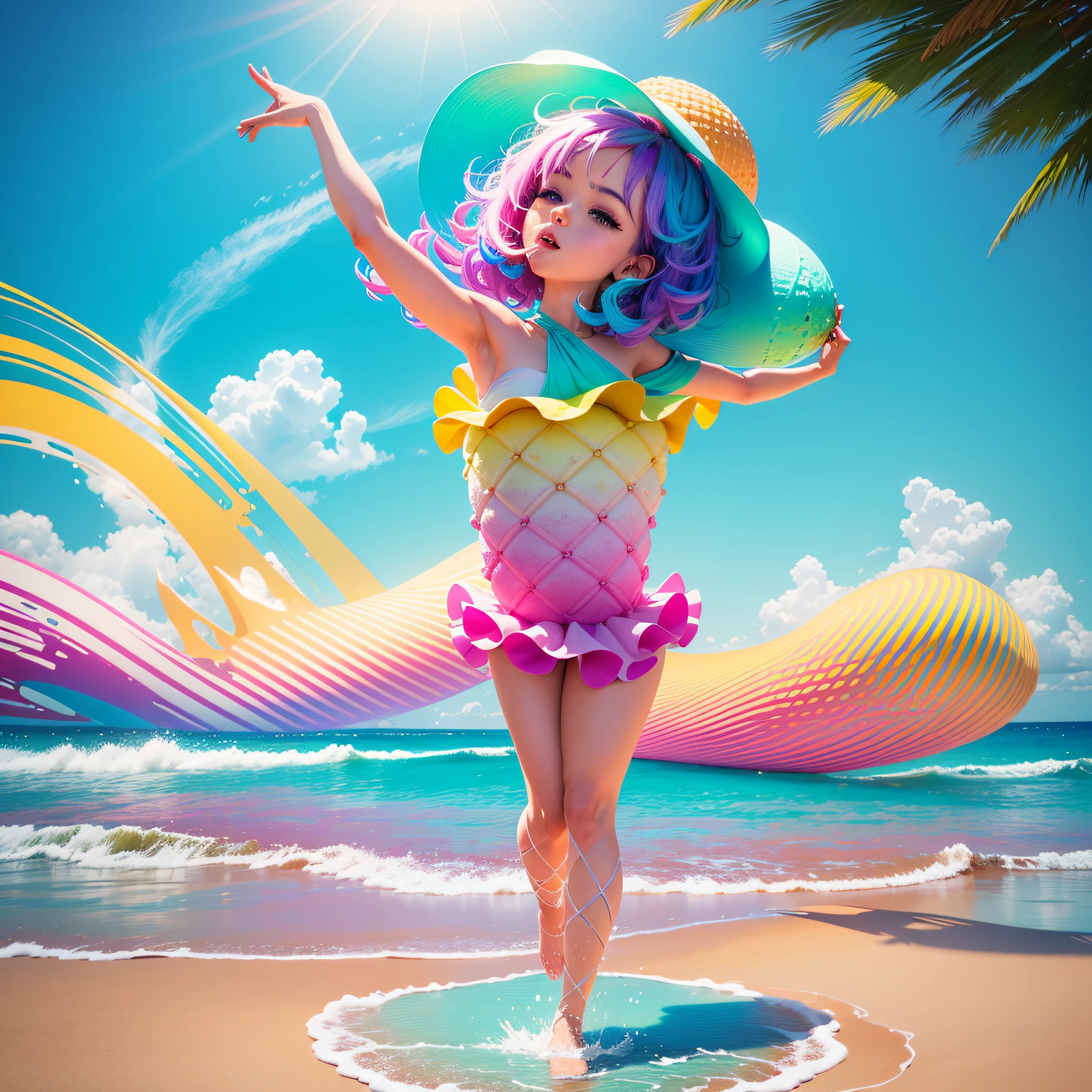 Create a fun and colorful image with an ice cream cone, many matching colors and some ice cream splashes coming out of the cone, in a very tropical and dancing landscape background on the beach, very sunny late afternoon. All in high definition, 8K quality --auto --s2