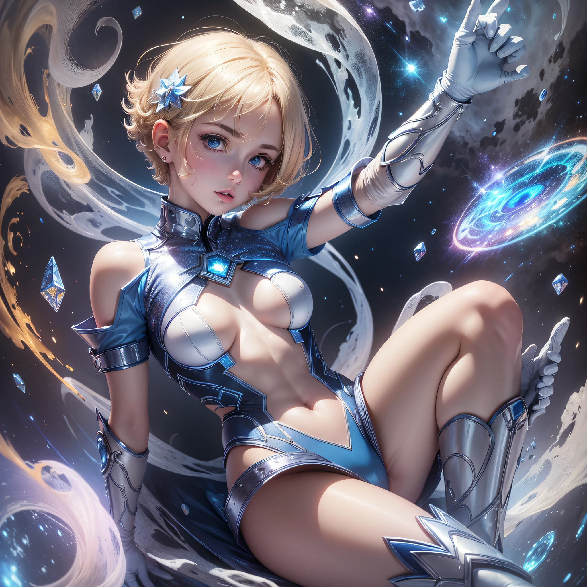 Absurd resolution, high resolution, (masterpiece: 1.4), super detailed, girl alone, from above, future, psychic powers, legend, universe, floating, blonde, petite, super short hair, space-time, (perfect body: 1.4), sparkly blue colored eyes, long boots, white and blue costume, gloves that are up to the elbows --auto --s2