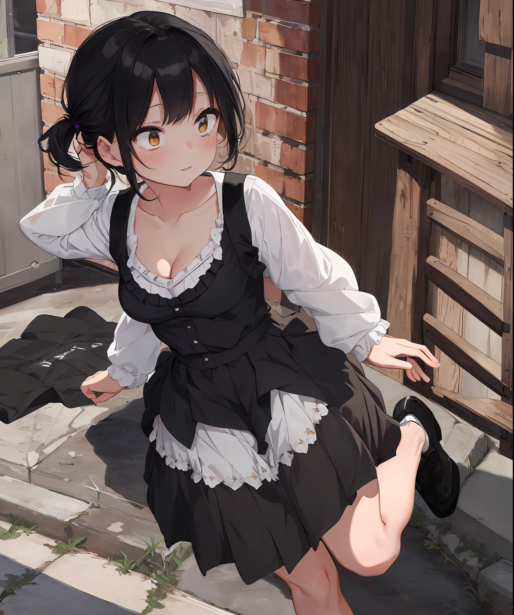 {{{Masterpiece}, {{Highest Quality}, {{Ultra Detail}}, {{Illustration}, {{Very Delicate and Beautiful}}, everyday, cute, girl, energetic, active, tomboy, jumping, black hair, long skirt, cleavage visible, (nsfw:0.9)