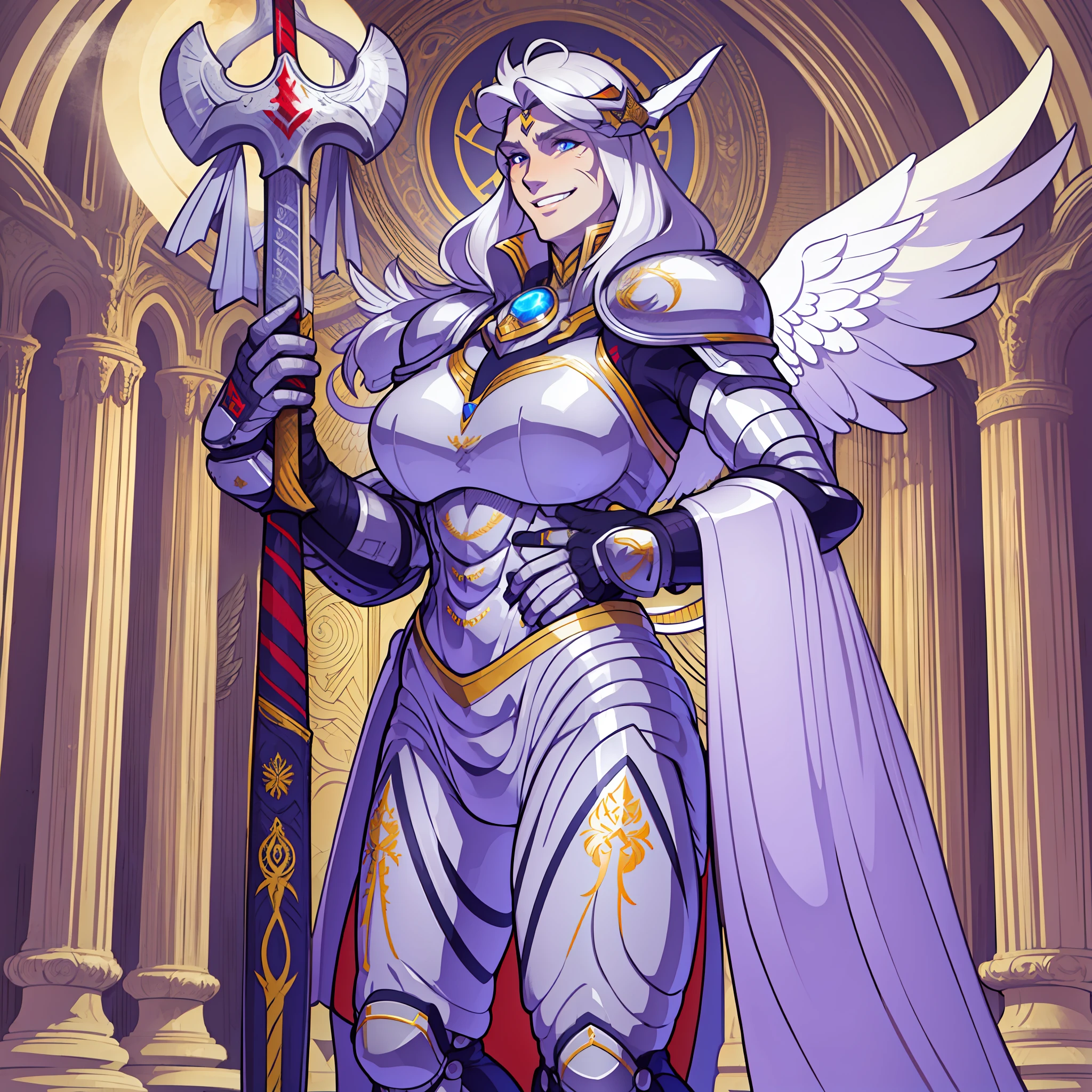 knight, maiden, holding the sword, schield holding, angel, silver hair, blue eyes, portrait, 1character, whole body, musclegirl, huge chest, tall woman, portrait, whole body, smile, pants, halo