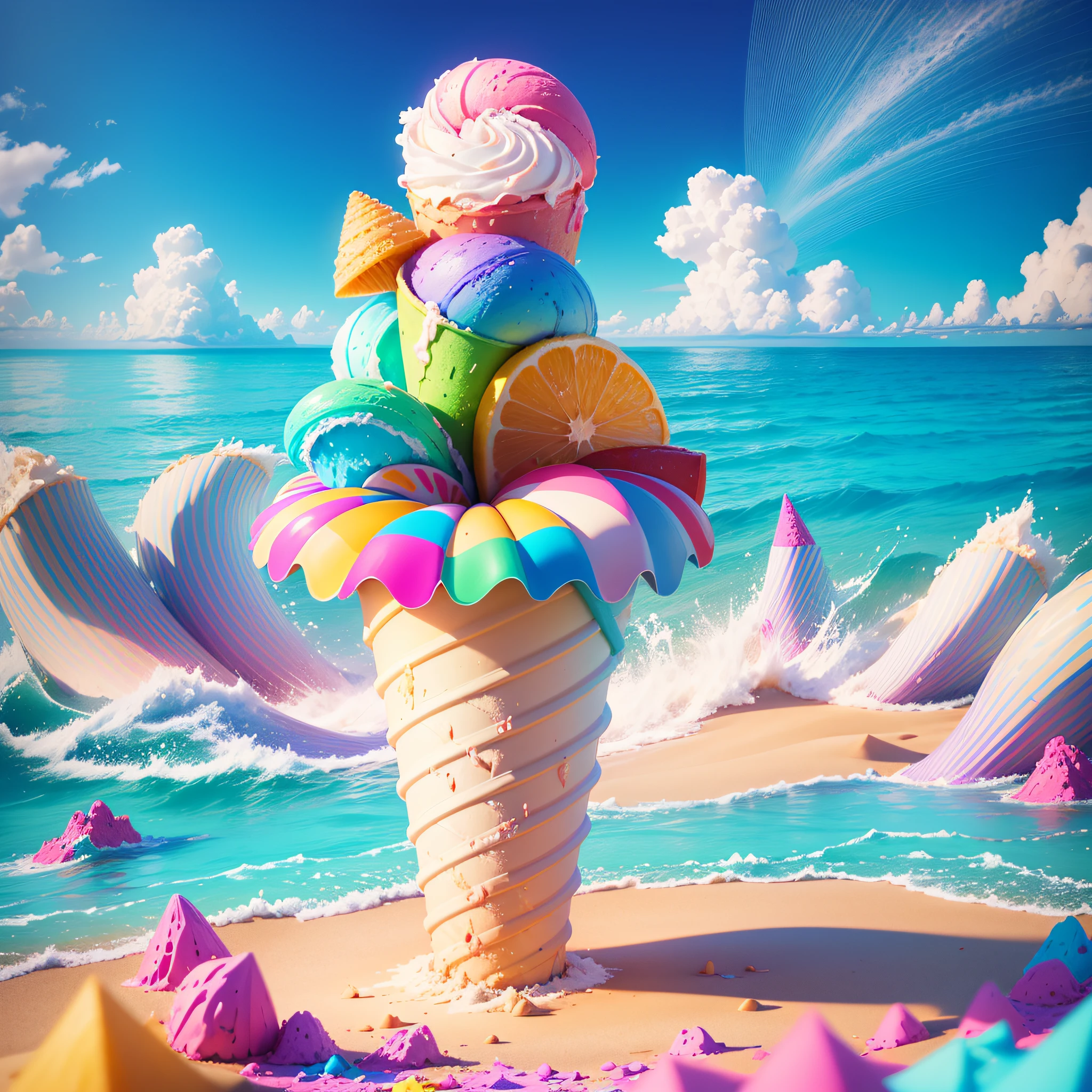 Create a fun and colorful image with an ice cream cone, many matching colors and some ice cream splashes coming out of the cone, in a very tropical and dancing landscape background on the beach, very sunny late afternoon. All in high definition, 8K quality --auto --s2