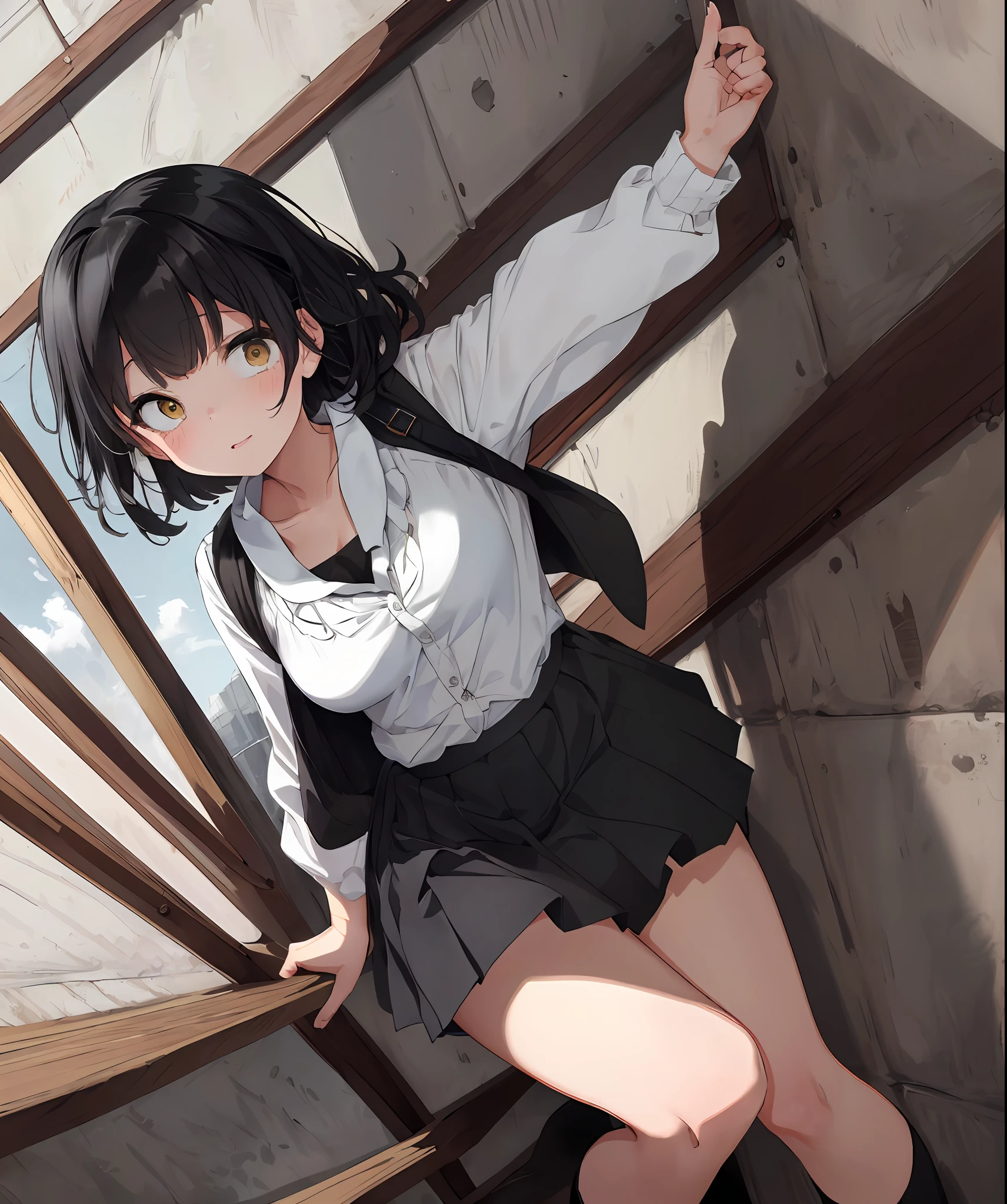 {{{Masterpiece}, {{Highest Quality}, {{Ultra Detail}}, {{Illustration}, {{Very Delicate and Beautiful}}, everyday, cute, girl, energetic, active, tomboy, jumping, black hair, long skirt, cleavage visible, (nsfw:0.9)