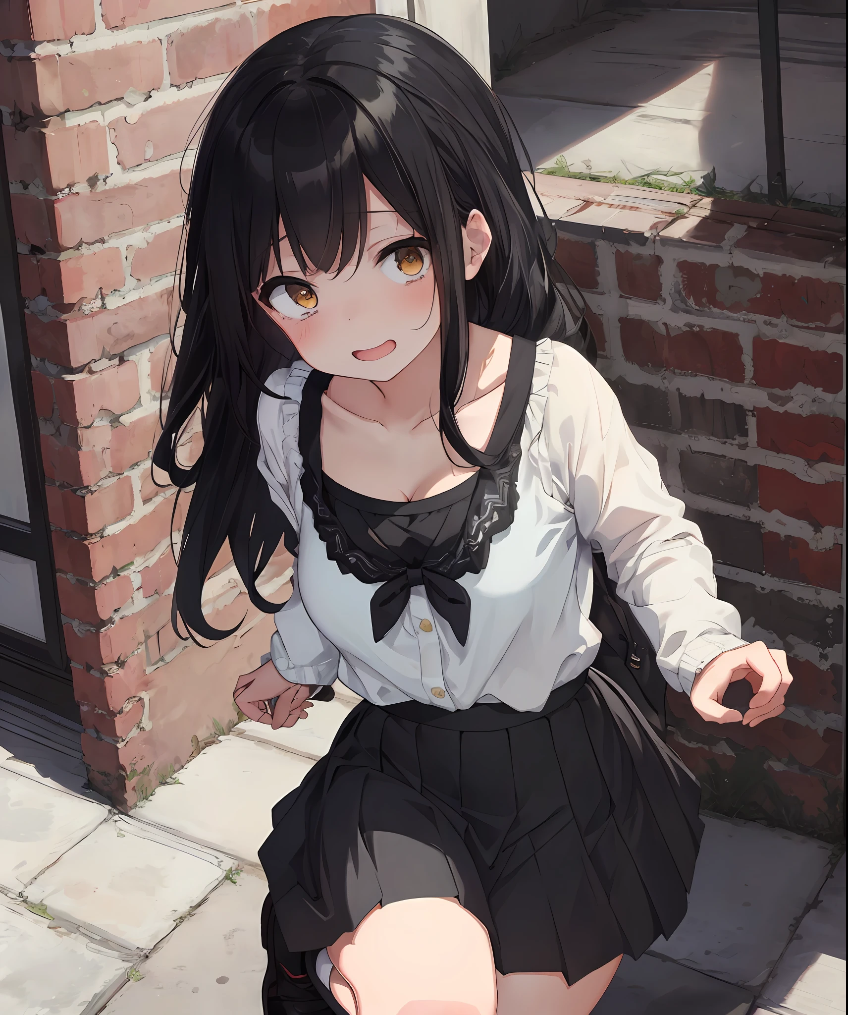 {{{Masterpiece}, {{Highest Quality}, {{Ultra Detail}}, {{Illustration}, {{Very Delicate and Beautiful}}, everyday, cute, girl, energetic, active, tomboy, jumping, black hair, long skirt, cleavage visible, (nsfw:0.9)