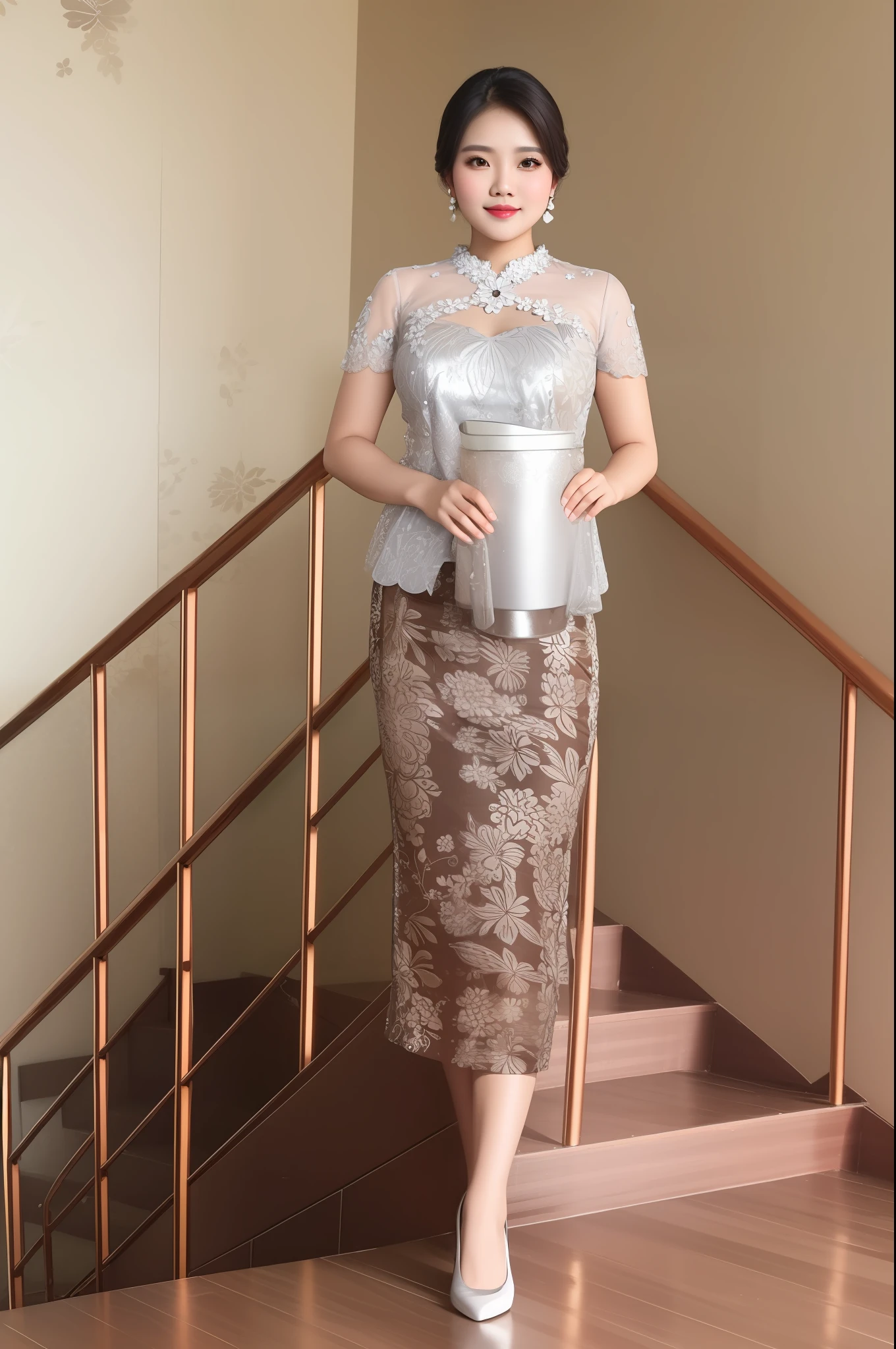 ((looking at camera)), detailed face, 1girl, solo, fashi-girl, mature girl, cute, sweet, Indonesian girl wearing kebaya, silver kebaya and brown floral pattern short skirt, sexy, huge breasts