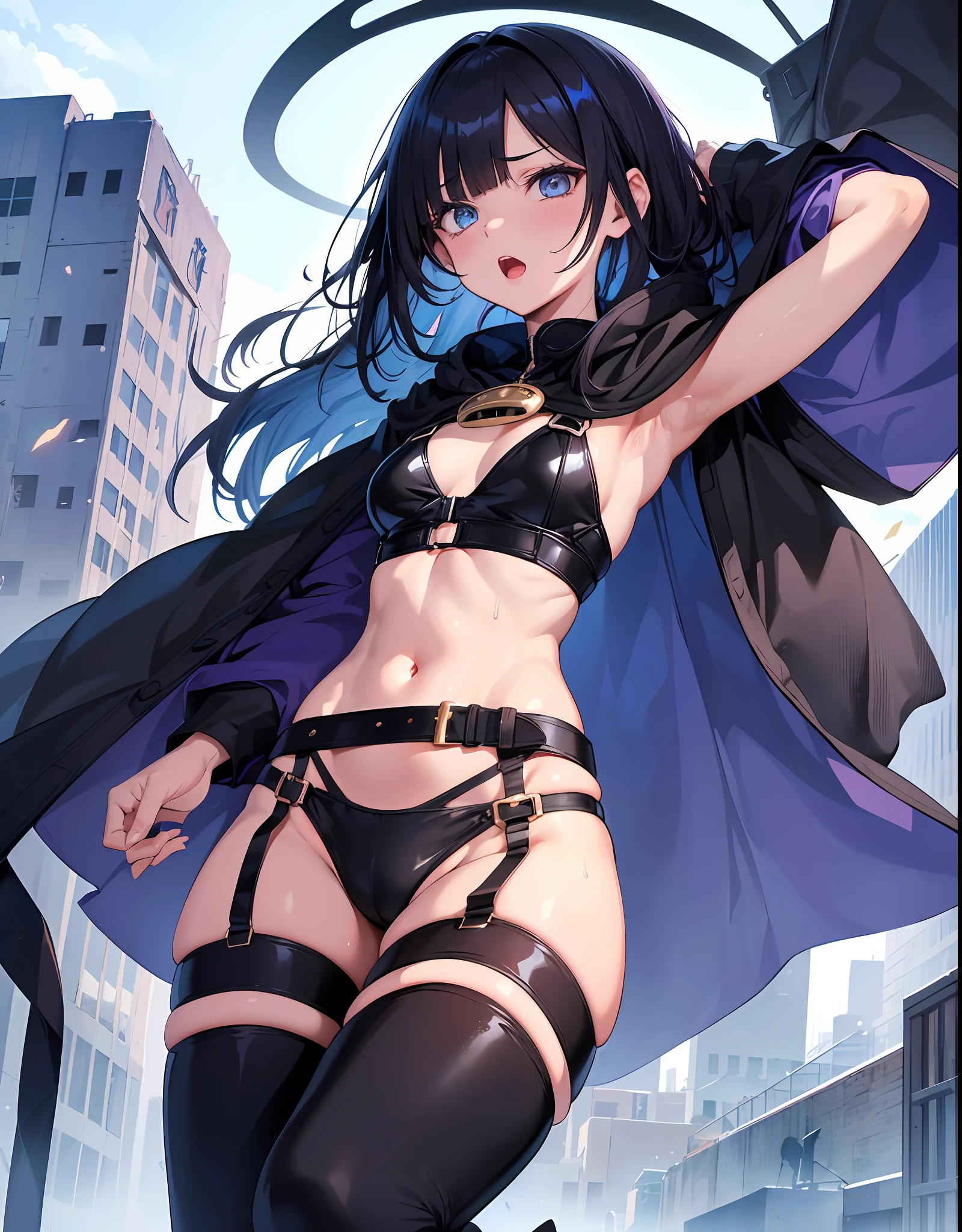 Fantasy,1 girl,toddler, (())+++, child,belt, blue_eye, blush, big_, cloak, hood, black_medium_hair, ((((long_bangs,hair_over_one_eye))))++, black_see-through_bodysuit, harness, navel,open_mouth, public, in_fantasy_city_background,sweat, armpits, thighs, boots, groin, sweat,_juice, dynamic_pose_jumping, dynamic_angle, tiny_groin, happy,sleepy,confused, (thin_ass, thin_thighs),