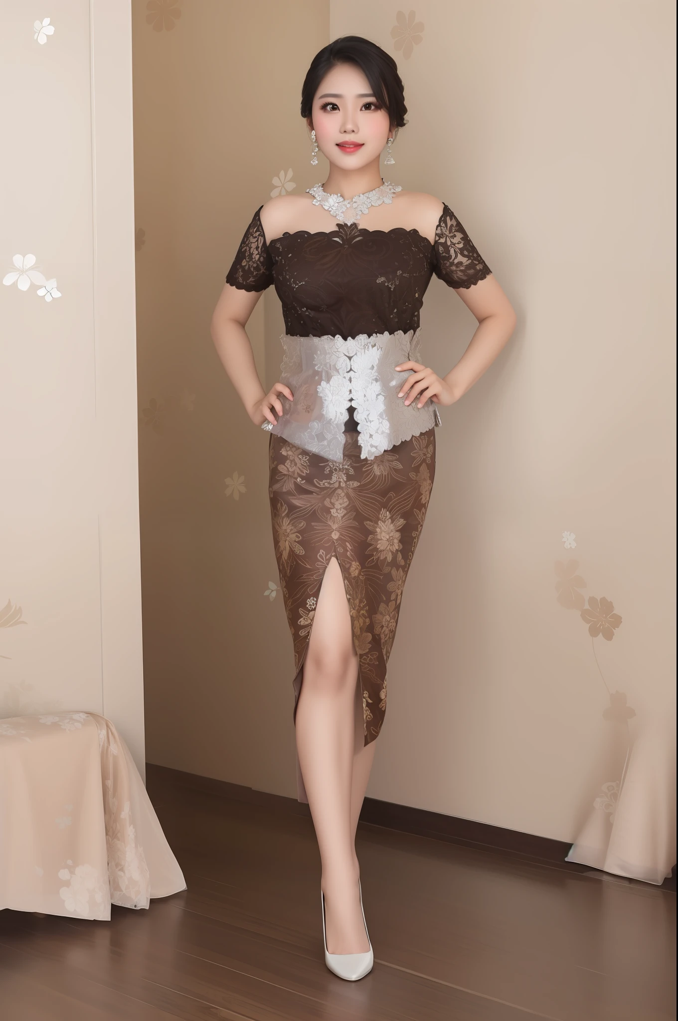 ((looking at camera)), detailed face, 1girl, solo, fashi-girl, mature girl, cute, sweet, Indonesian girl wearing kebaya, silver kebaya and brown floral pattern short skirt, sexy, huge breasts