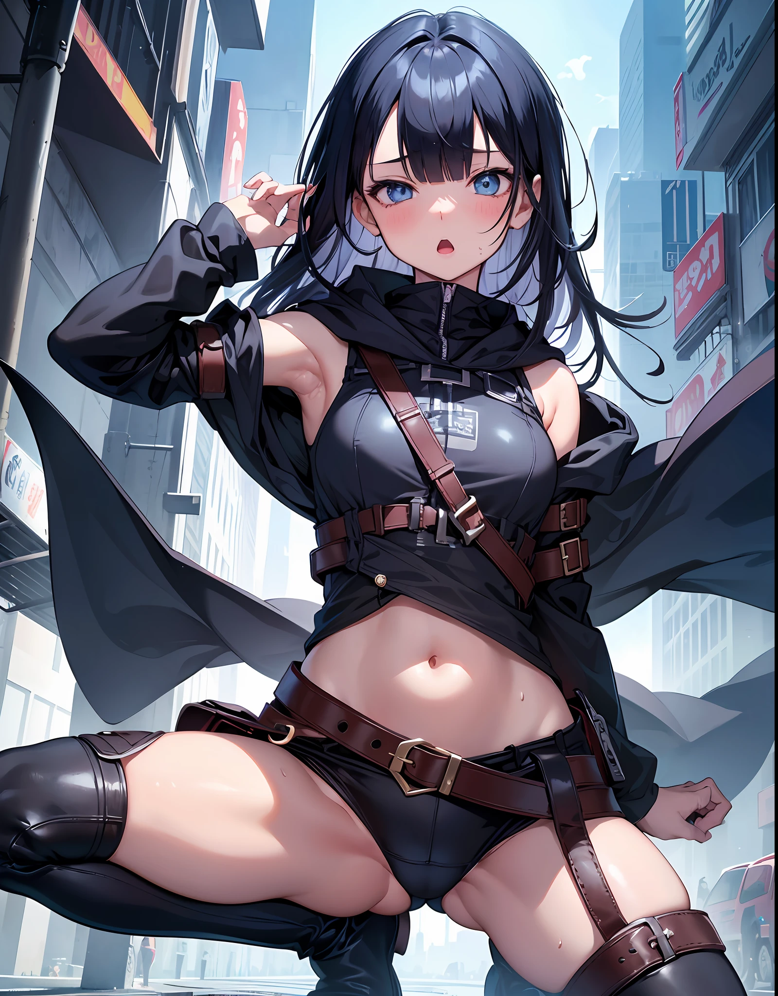 Fantasy,1 girl,toddler, (())+++, child,belt, blue_eye, blush, big_, cloak, hood, black_medium_hair, ((((long_bangs,hair_over_one_eye))))++, black_see-through_bodysuit, harness, navel,open_mouth, public, in_fantasy_city_background,sweat, armpits, thighs, boots, groin, sweat,_juice, dynamic_pose_jumping, dynamic_angle, tiny_groin, happy,sleepy,confused, (thin_ass, thin_thighs),