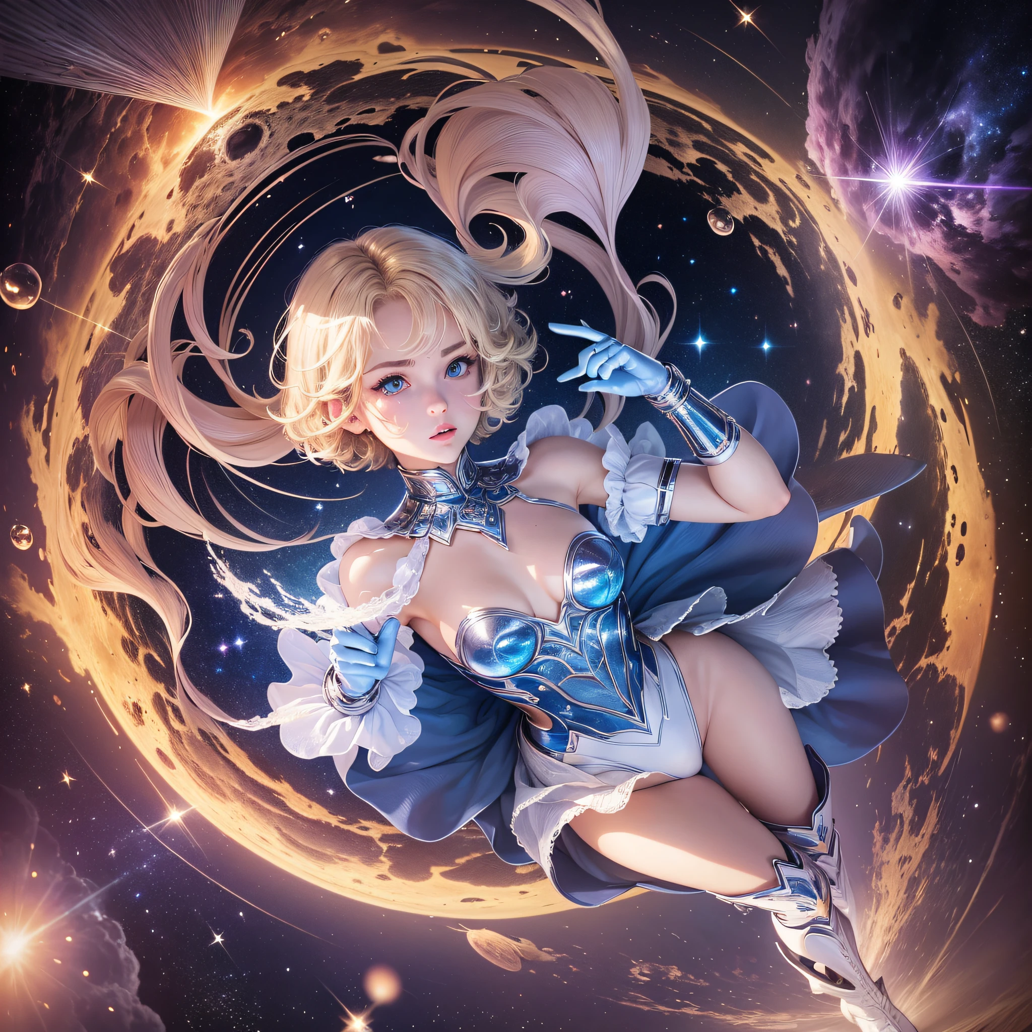 Absurd resolution, high resolution, (masterpiece: 1.4), super detailed, girl alone, from above, future, psychic powers, legend, universe, floating, blonde, petite, super short hair, space-time, (perfect body: 1.4), sparkly blue colored eyes, long boots, white and blue costume, gloves that are up to the elbows --auto --s2