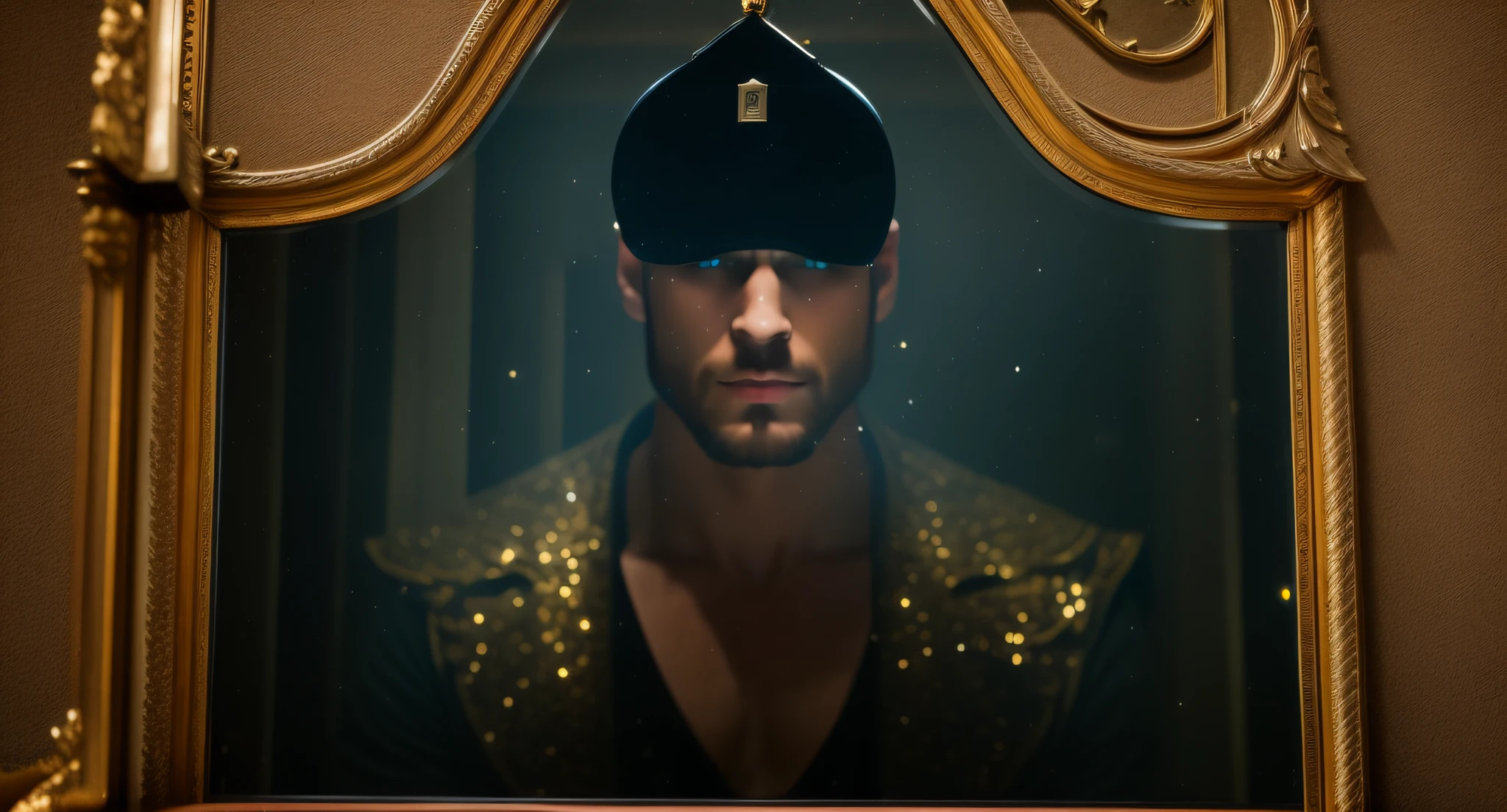 The magic mirror, reflecting the image of a mysterious man.