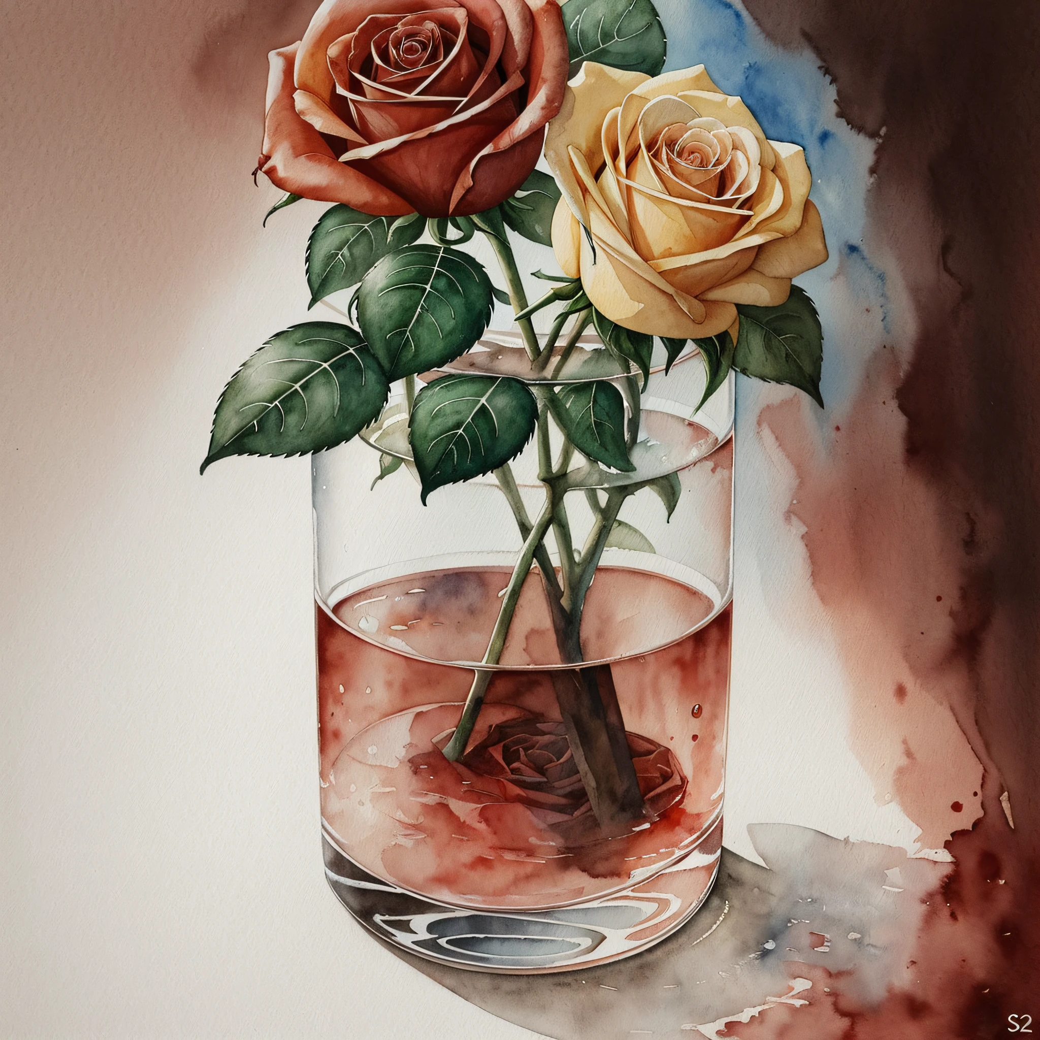 A glass of water, with brown leaves inside it, the rose has a piece of the stem, the rose is wilted, art in watercolor, sad art. --auto --s2