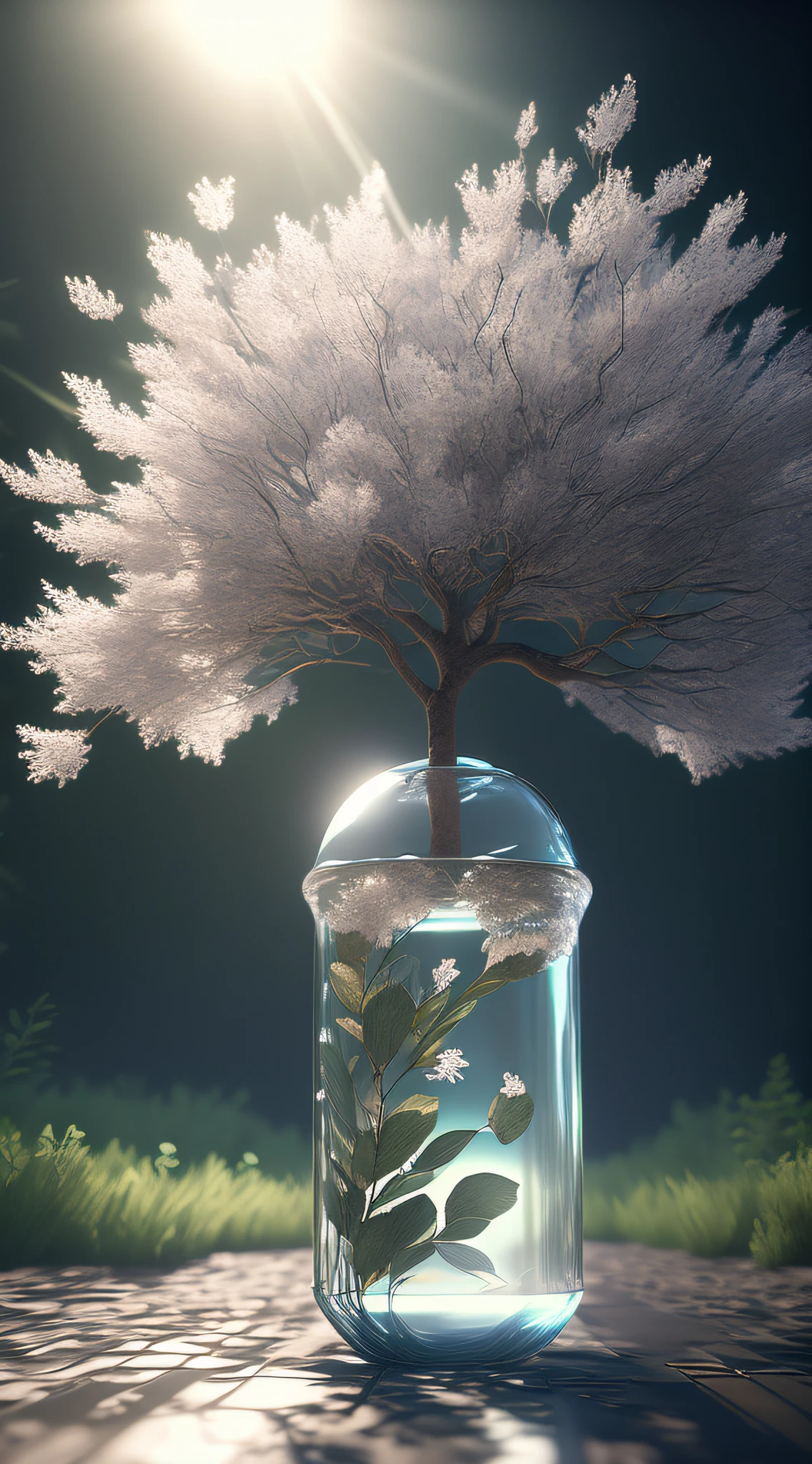 A dreamy art tree in a bottle, fluffy, realistic, photographic, canon, dreamy, artistic, splendid leaves and branches with flowers above its head. Greg Rutkowski's Ultra Detailed Photo Realism - H1024W 804 | F16 Lens Markers 2:2 S 35555 mm Film Particles: 1 Realistic High Resolution Sharp Focus Contrast!! The intricate and detailed atmospheric refractive lighting in Octane, Unreal Engine 5's cinematic concept cinematography masterpiece, presents the trend of CGSociety