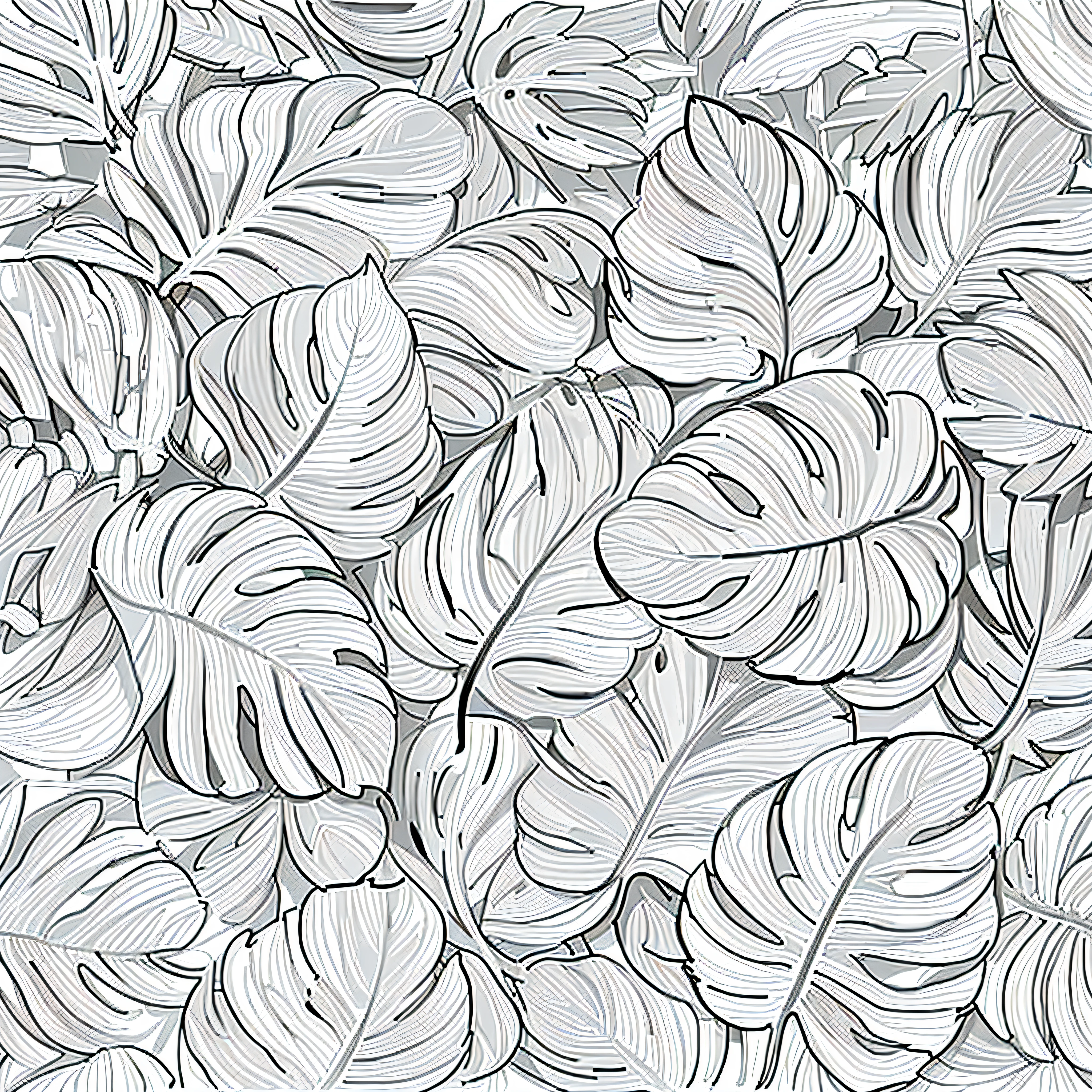 a black and white drawing of a bunch of leaves, many leaves, very detailed leaves, tropical leaves, sketch black and white colors, line - art, banana plants drawing, architectural and tom leaves, highly detailed leaves, line art illustration, black and white line art, black and white coloring, big leaves, repeating pattern. seamless, palm pattern visible, large leaves
