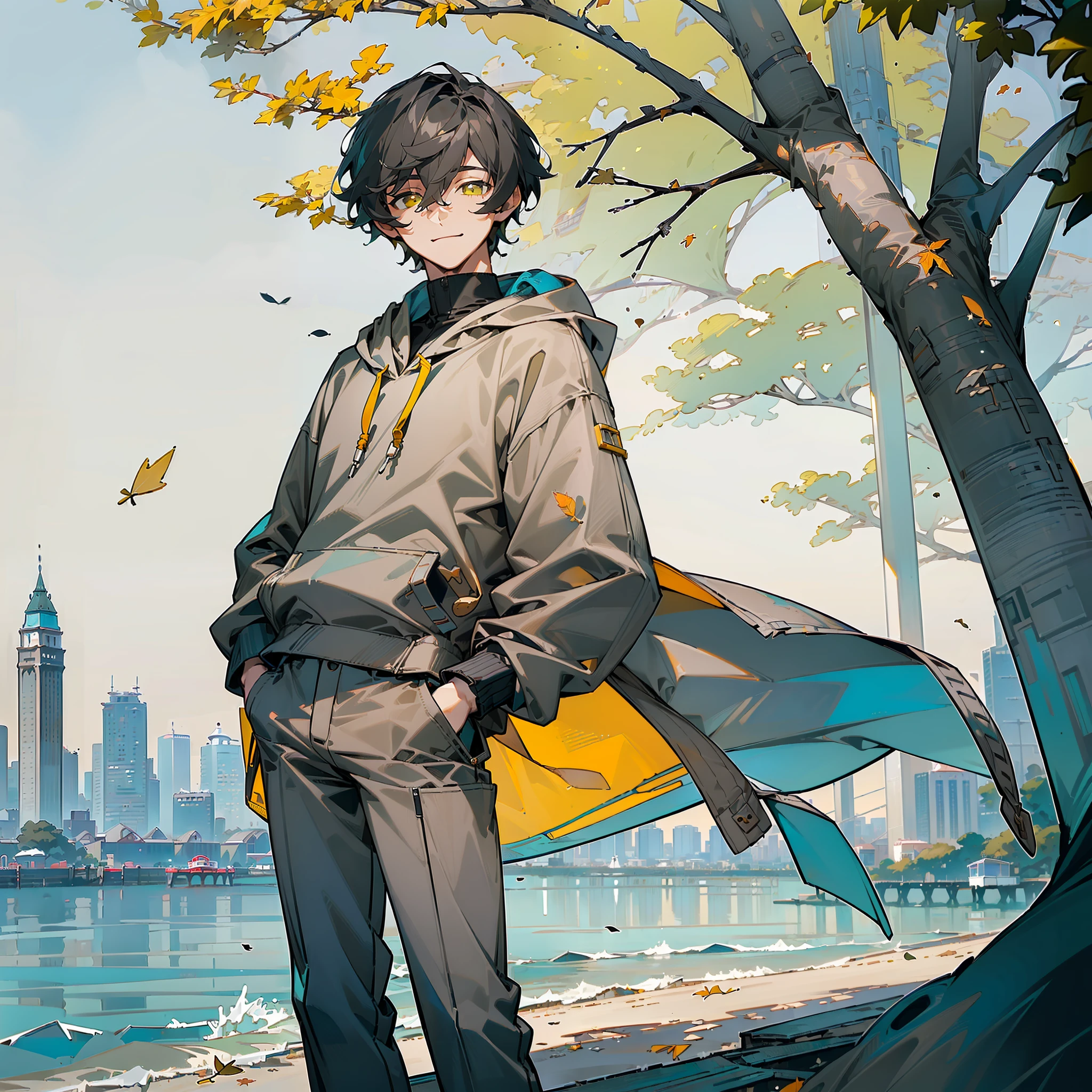 masterpiece, best quality, ultra realistic, photorealistic, high quality, human, handsome male, (((solo))), (male focus), (mature), (black short hair), hair between eyes, slim, ((yellow pupils)), detailed eyes, front view, (clothing, (topwear: ((dark-gray hoodie), bottomwear:(pants: dark gray)), standing, detailed clothing, coat collar, tall, smiling, (((city seaside))), trees, falling leaves, (detailed background)