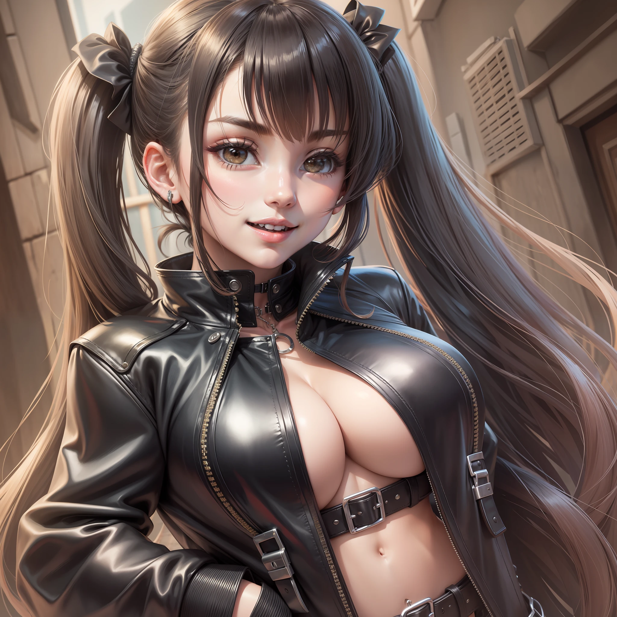 Harem Multiple Girls Smile Top Quality Masterpiece Long Hair Ponytail Twin Tails Leather Jacket Big Tits