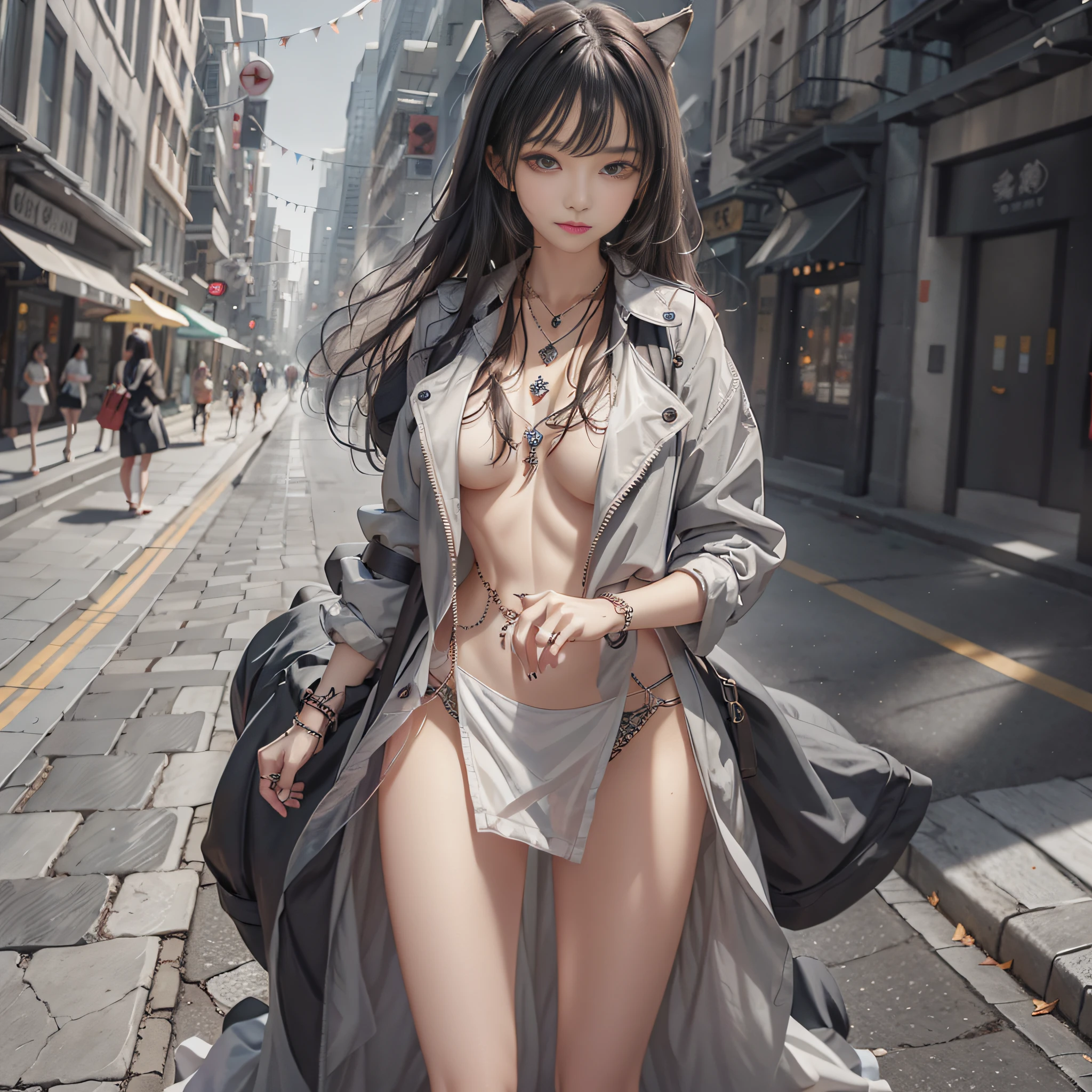 Wolf girl, necklace, anklet, tattoo, young, trench coat, street