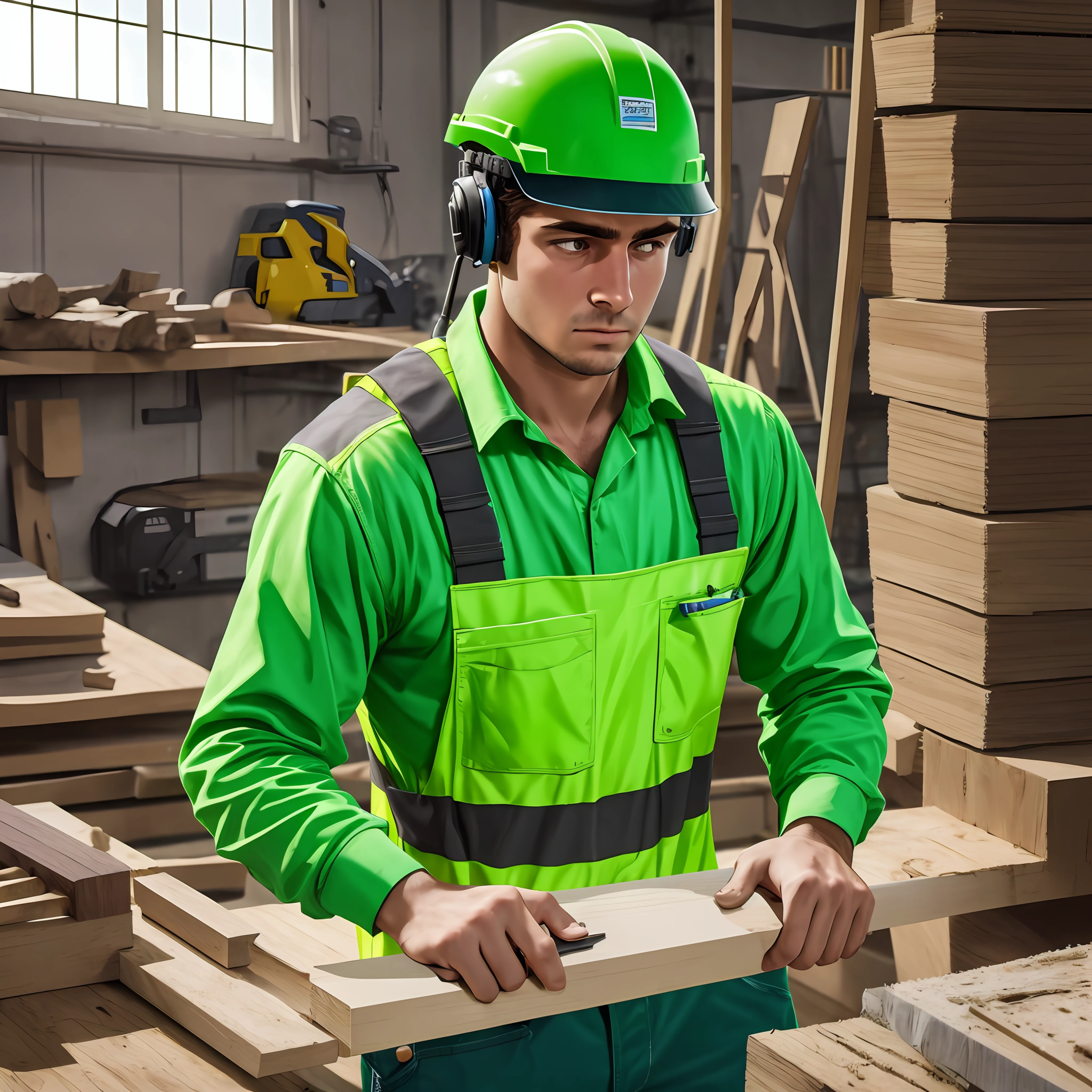 A sad young man, working, tired, earning little, in the company Leroy Merlin, cutting wood, 4k, with light green fluorescent uniform 3D, photorealistic -auto --s2