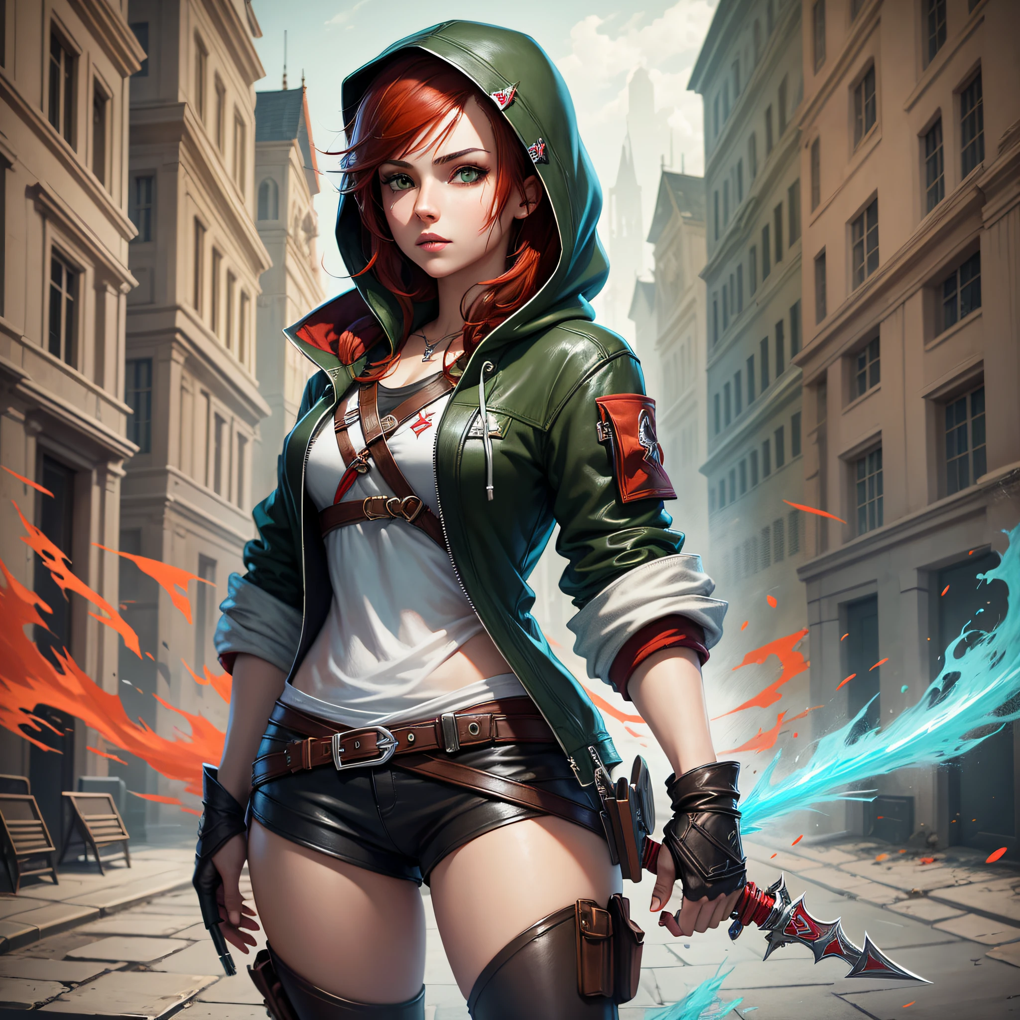 Splash Art, masterpiece young woman in Assassins Creed style outfit wearing hoodie, brown clothes, red hair, wearing black hoodie. holding a dagger. green eyes, short hair. Completed clothes