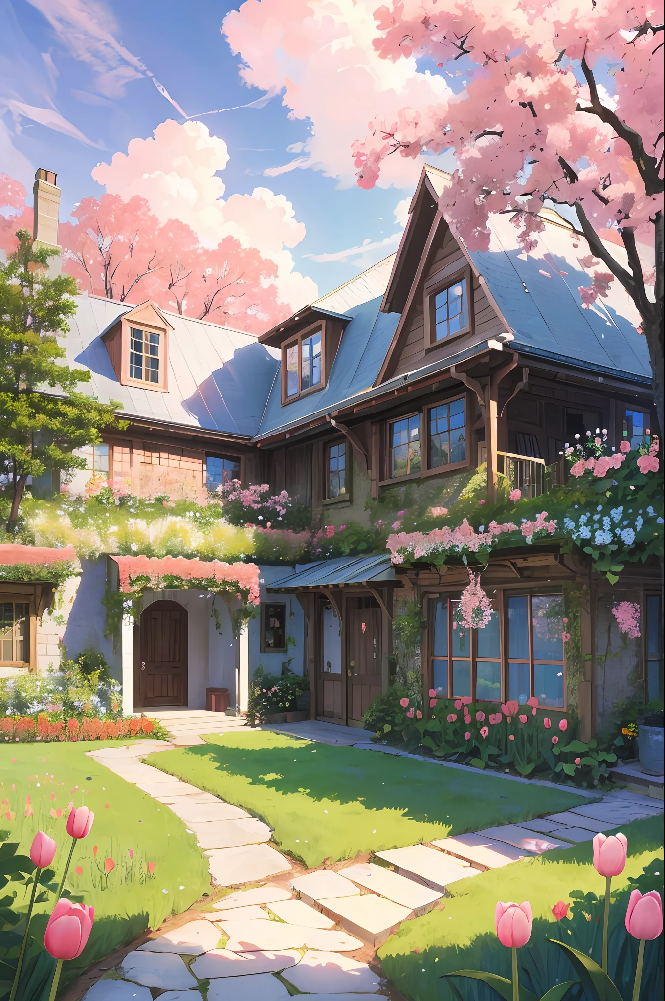Summer, pink clouds, a land overgrown with tulips, a garden with tapered roses, a fairytale house, James Gurney, art station rendering, ultra-wide lenses, high definition
