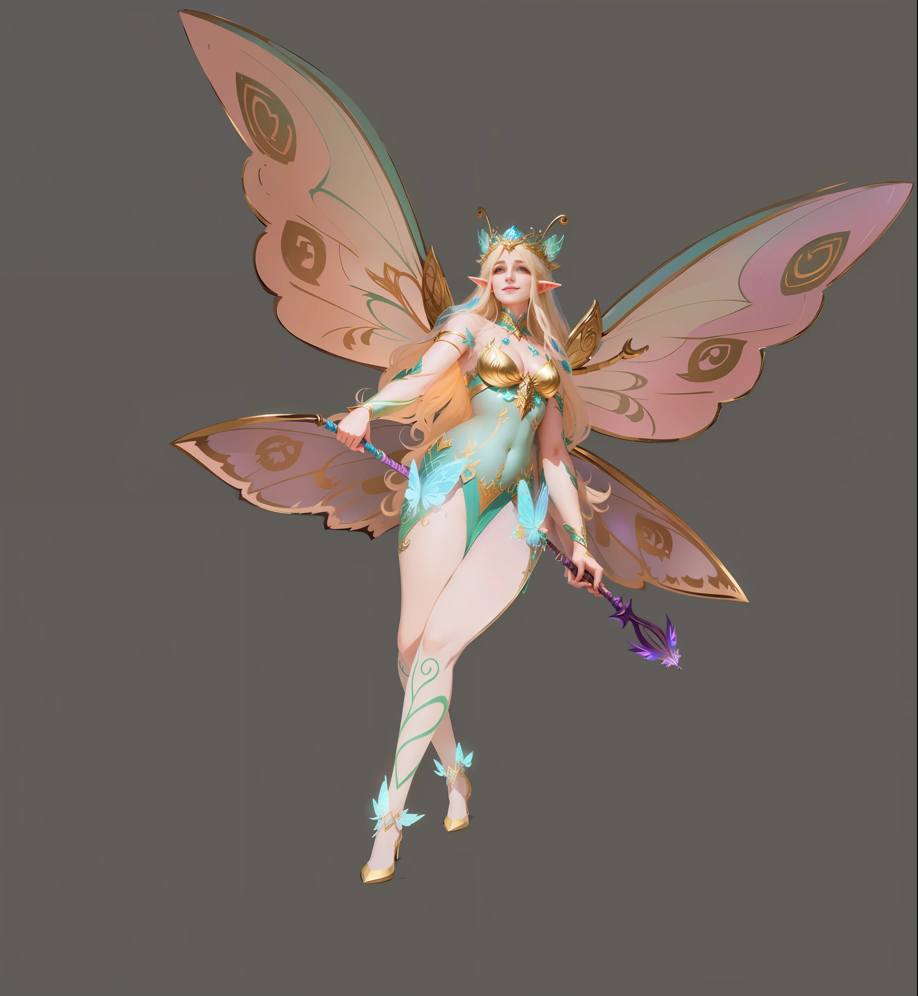 A concept art elf character with butterfly wings, spirit fantasy style, plump astral fairy, super detailed appearance design, beautiful adult fairy, golden hair, holding a magic staff, smiling shyly, fairy queen temperament.
