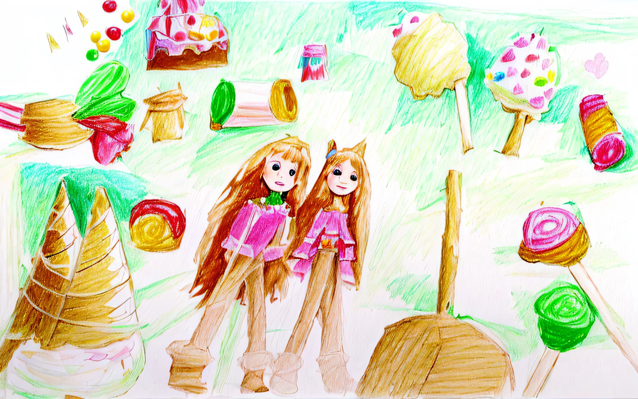 a drawing of a girl and a boy with ice cream cones and candy, childrens drawing, kids fantasy drawing, a child's drawing, children's drawing, children’s drawing, child's drawing, children's artwork, 7 year old crayon drawing, kid's drawing, childs drawing, in a candy forest! at night, based on child's drawing, kids drawing, traditional art