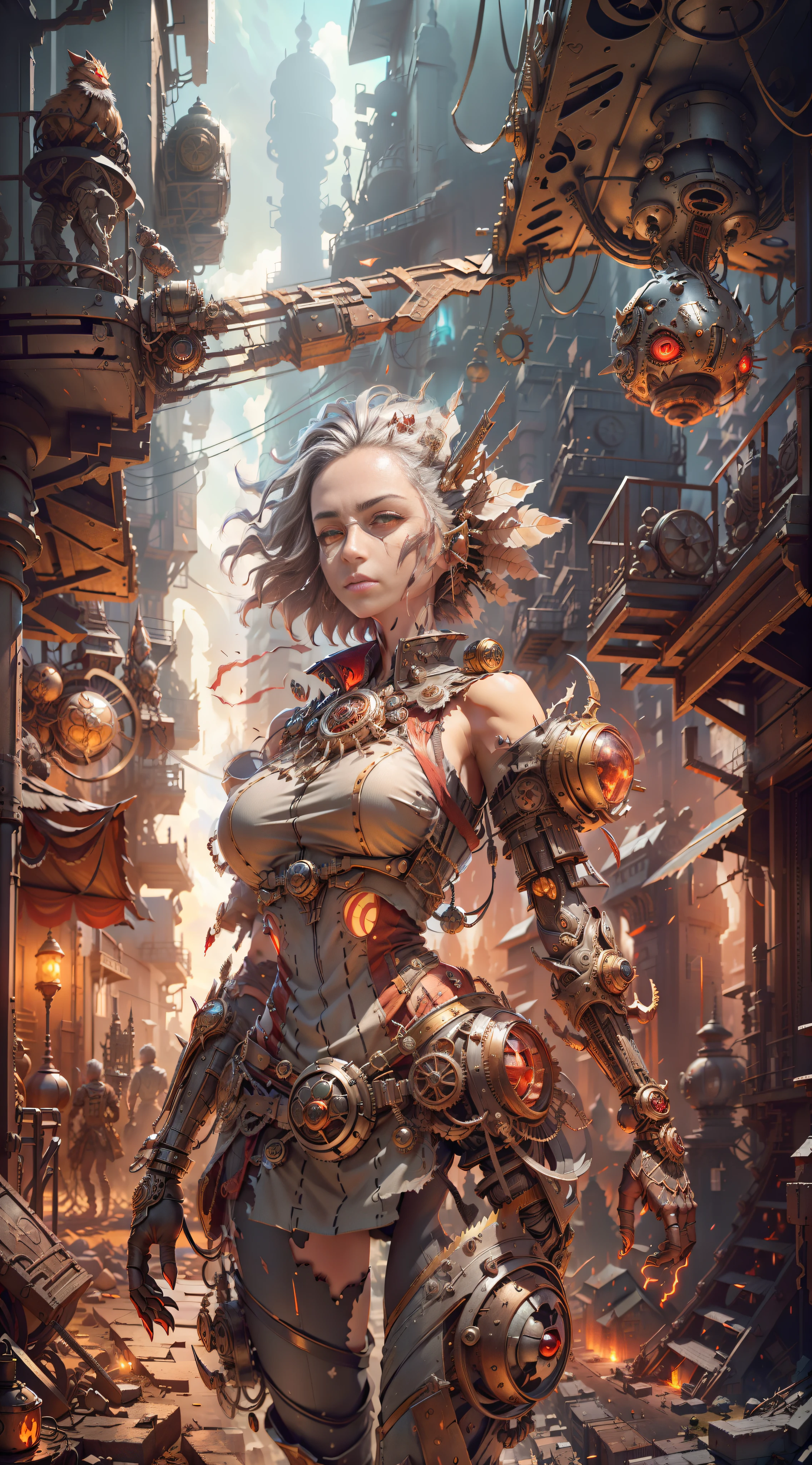 ((gray sky)), (best quality), (ultra-detailed color), battlefield, city ruins, broken buildings, damaged machinery, perfect composition, best elaboration, (golden ratio: 1.2), HDR, dramatic, cinematic lighting, huge details, masterpiece, (realism: 1.4), absurdity, cinema lighting, (1 woman))), (((whole body)), (anatomically correct), short hair, torn clothes, ((red glowing eyes))), Broken headdress, extremely detailed face, fantasy sci-fi creatures, surrealism, steampunk, intricate design, extremely detailed, exquisite details, (((looking up at the camera)))), (((panorama))