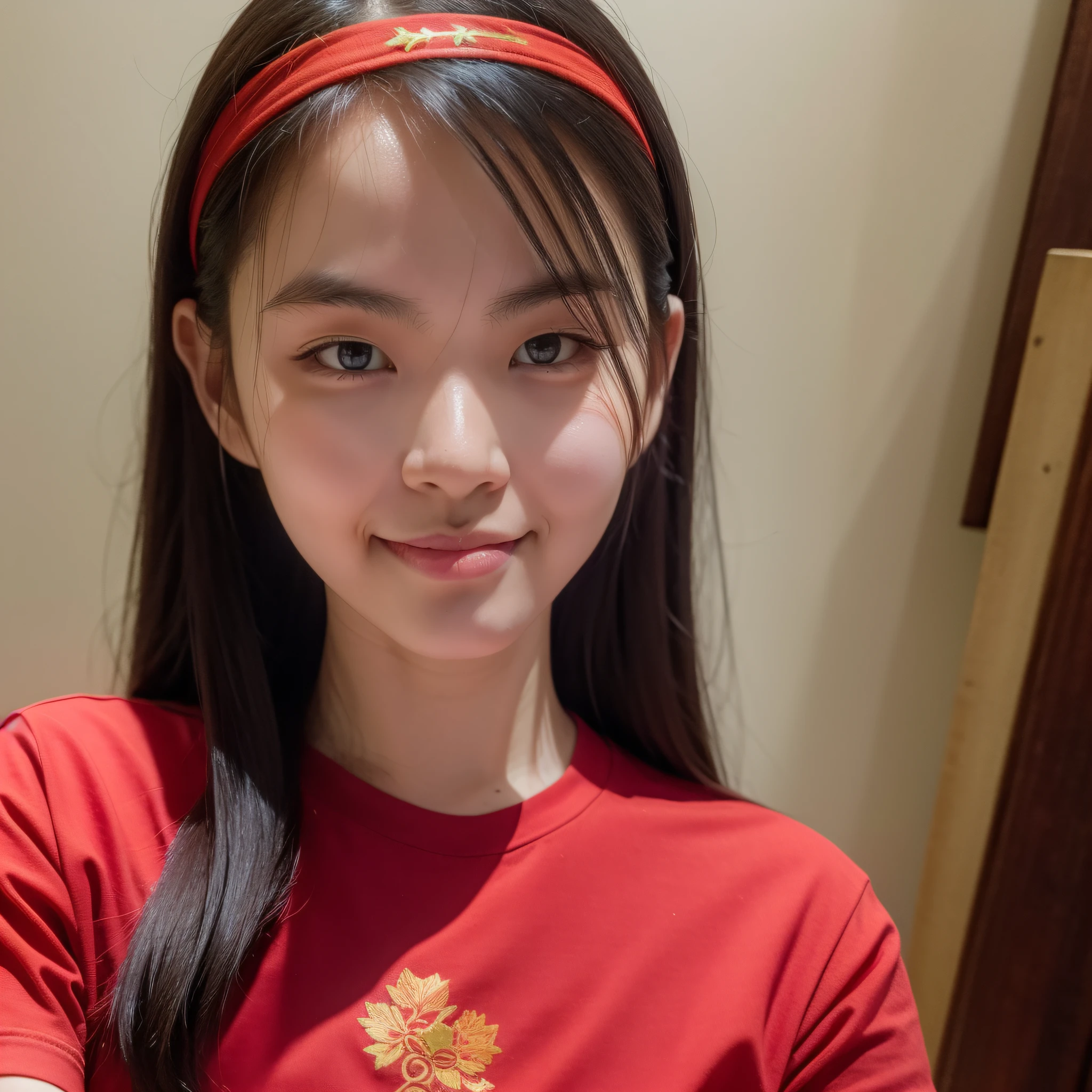 32k, best quality, masterpiece, realistic, ultra detail, photography, HDR, ROW photo, highres, absurdres, smooth light, official art, depth of field, close-up, slender, finely detailed face, smile, beautiful details eyes, 19years old korean, pretty, best quality real texture skin, Red t-shirts, with headband