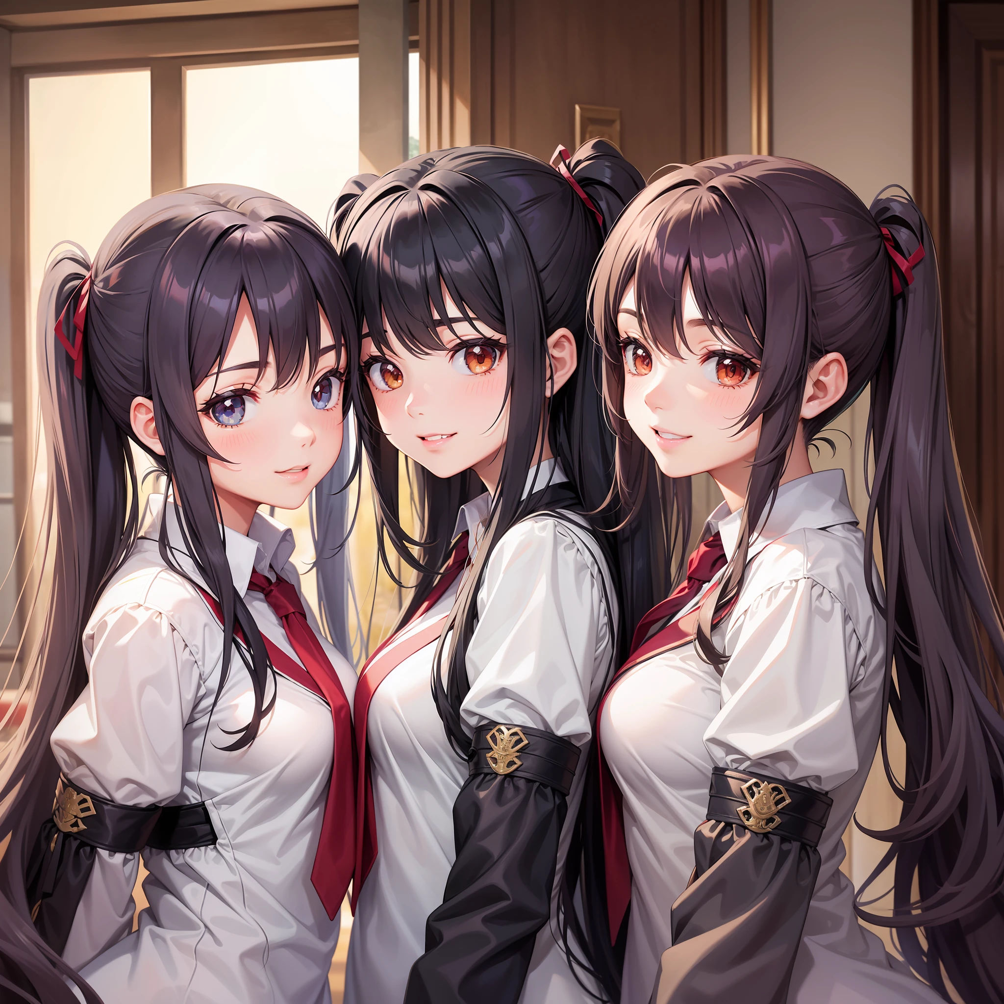 Harem Multiple Girls Smile Top Quality Masterpiece Long Hair Ponytail Twin Tails Uniform