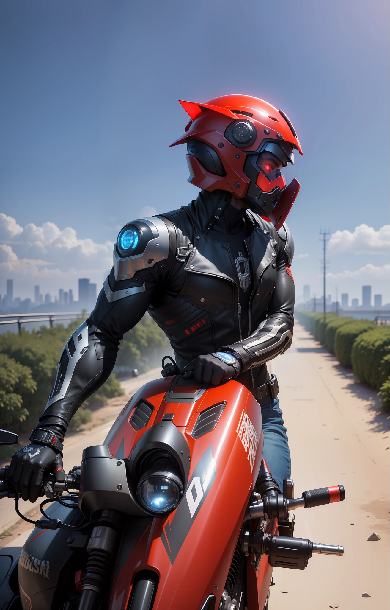 Masterpiece, (hyper-detailed), gangster theme, jacket. Motorcycle riding in dim light, tattoos, smoke, shadows, bustling urban background, highest quality, single focus, (thinness: 1.04), mecha, full body, intricate (high detail: 1.1) (very detailed CG unification), (best quality), (best illustration), (best shadow), absurd, realistic lighting, red glowing helmet, full of muscles, cool, cyberpunk, blue glowing eyes, human robot, black and red motorcycle, backlight, big muscles,