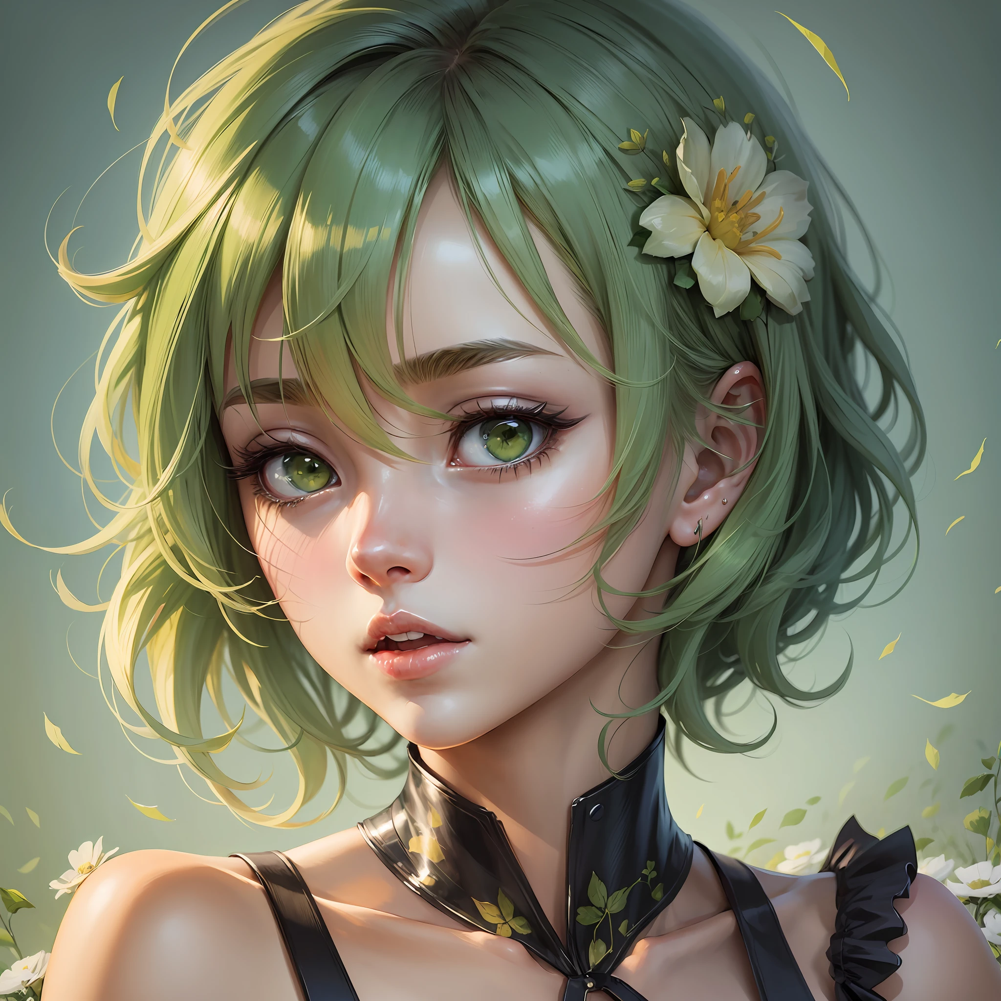 An anime girl with short blonde hair and dark green with a graceful figure, beautiful anime portrait, anime style 8K, beautiful anime girl, anime art wallpaper 8 K, beautiful anime artwork, flowers around her, super delicate, in line with common sense --auto --s2