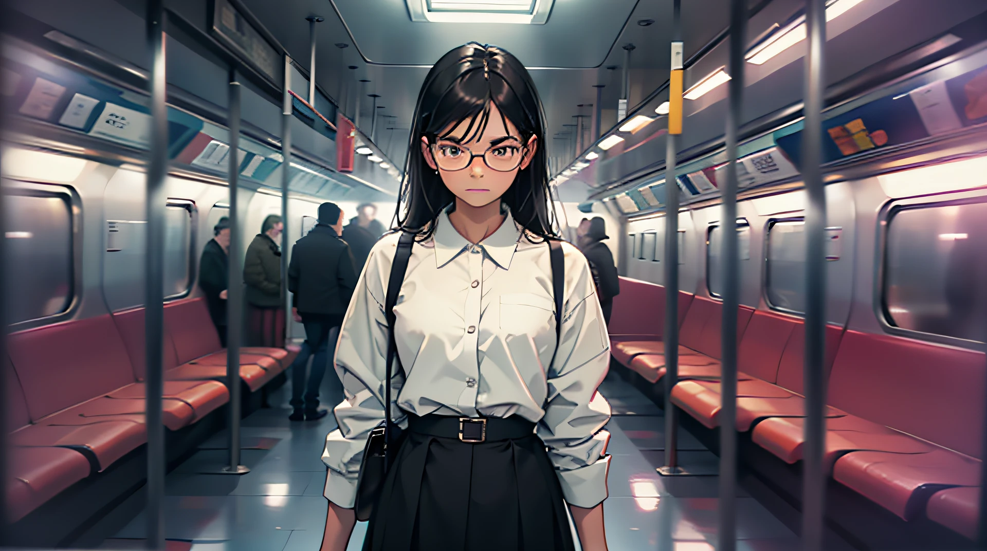 A young girl standing in a subway car, wearing black-rimmed glasses, medium length skirt, black hair, full body display, fine wrinkles, ++, subtle light, ++, saturated color, --, emotional, ++, dramatic, ++, sad expression, ++, angry expression, +, cinematic lighting, panoramic, Ultra HD, textured skin, High detail, best quality, Super detail, high quality, 8k