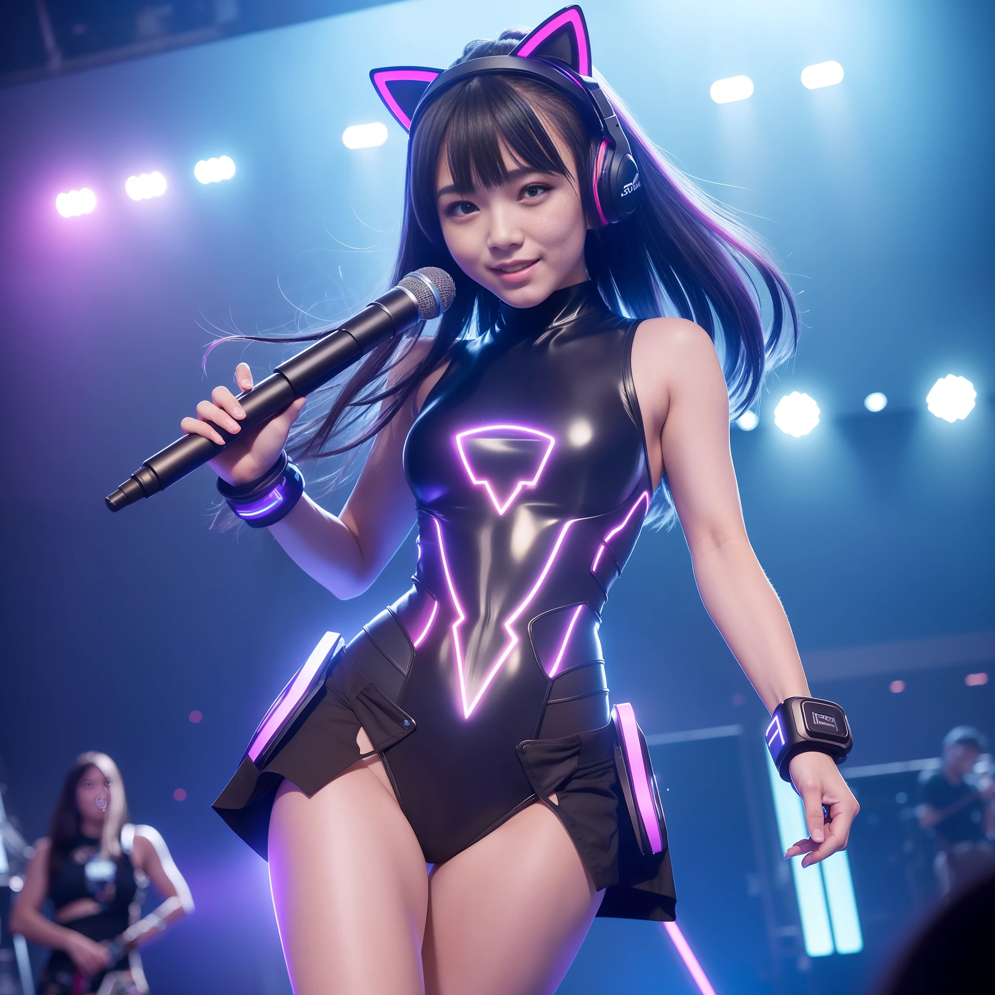 ((8k, RAW photos, best image quality, masterpiece,:1.2)), (realistic, photorealistic: 1.3),(depth of field: 1.2),18 years old beautiful Japan girl, dynamic angle,(1 person:1.3),1 girl,solo,sci-fi,futuristic idol, colorful and high-tech idol dress, glowing neon light idol dress, holographic clothing, reflective dress, techwear, volumetric lighting, glowing eyes, multicolored hair, flowing hair, (gradient neon color: 1.5), flash, real skin, HDR, fisheye, all-out smile, microphone, cat ear headphones, neon lights, neon rim lights, glowing neon on stage, laser beam on stage, psyllium, spotlight, cowboy shot, moody lighting, concert venue, (backdrop of packed arena seats: 1.5), (singing with a smile holding microphone on stage: 1.5),complex details, cyberpunk, (exploding pixel particles: 1.2),cinematic lighting, dynamic lighting