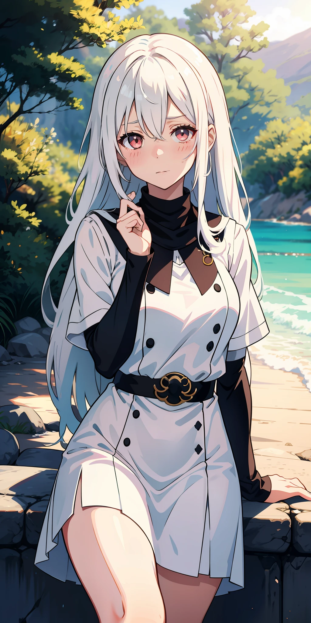 Anime girl with white hair and eye patch, shy blush, landscape in the background, sunshine
