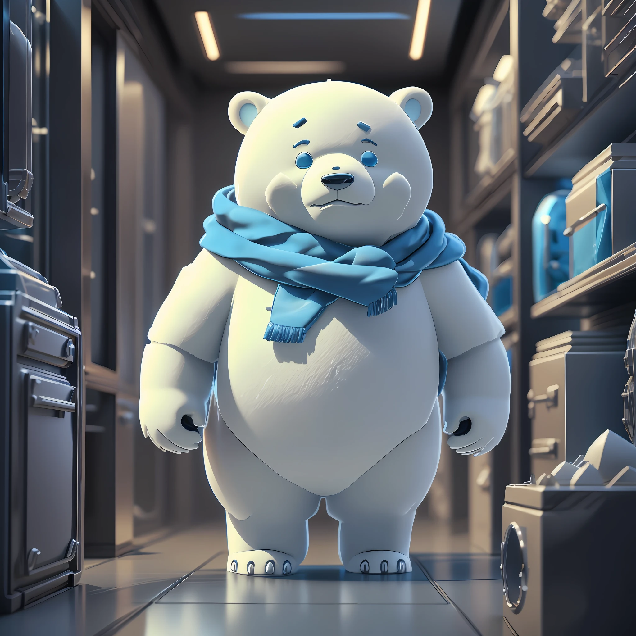 Cartoon polar bear with blue scarf and blue shirt, sci-fi - f, sf, in baymax style, sff version, (sfw) safe working, sifi, mascot illustration, full body mascot, sci if, water bear, furry furry fafi, sci-fi, polar bear, fenstak, sci-fi - fy, sci-fi, pixar style, 3D model, clay material, OC renderer, C4D, ray tracing --auto --s2