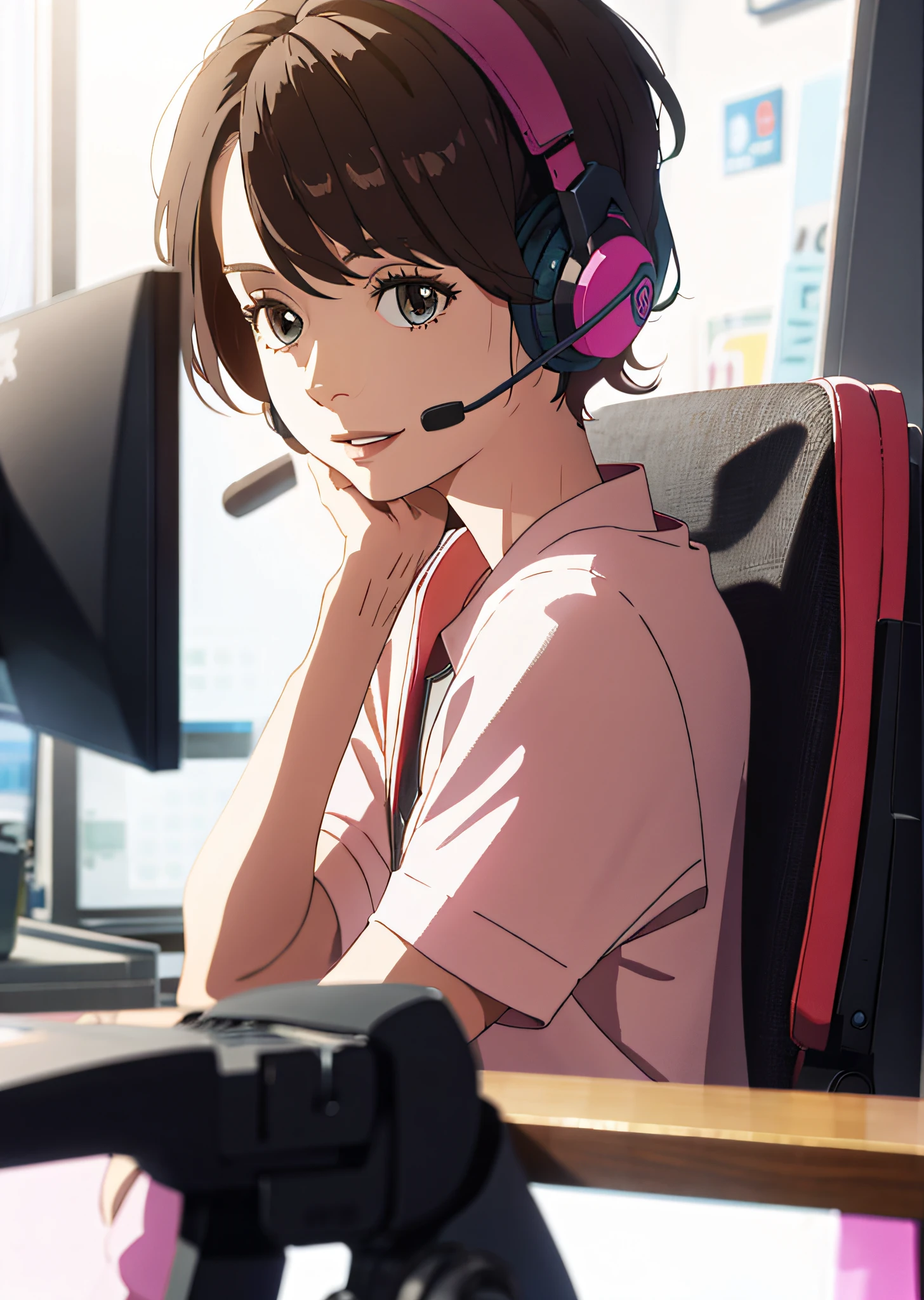 Woman wearing a headset and a pink shirt,Twitch streamer, gamer, short brown hair