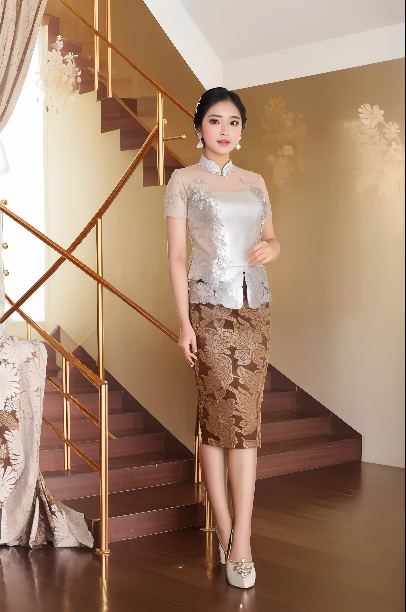 ((looking at camera)), detailed face, 1girl, solo, fashi-girl, mature girl, cute, sweet, Indonesian girl wearing kebaya, silver kebaya and brown floral pattern short skirt, sexy, large breasts, exotic, Indonesia culture interior room