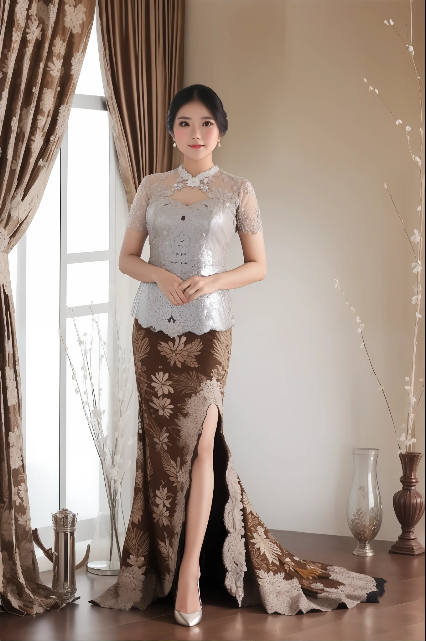 ((looking at camera)), detailed face, 1girl, solo, fashi-girl, mature girl, cute, sweet, Indonesian girl wearing kebaya, silver kebaya and brown floral pattern short skirt, sexy, large breasts, exotic, Indonesia culture interior room