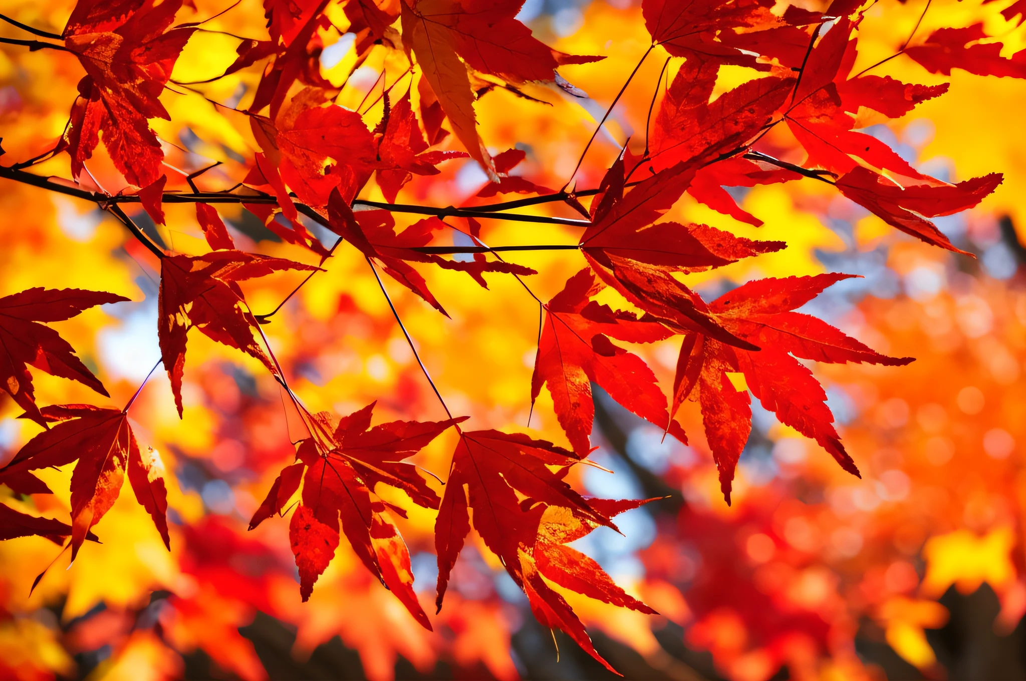 a close up of a branch with red leaves against a blue sky, red leaves, japanese maples, canadian maple leaves, autumn maples, maple tree, red orange and yellow leaves, vibrant autumn colors, flaming leaves, vibrant foliage, colorful leaves, autumn color, color leaves, blood red leaves, fall leaves, autumn leaves, autum, fall colors