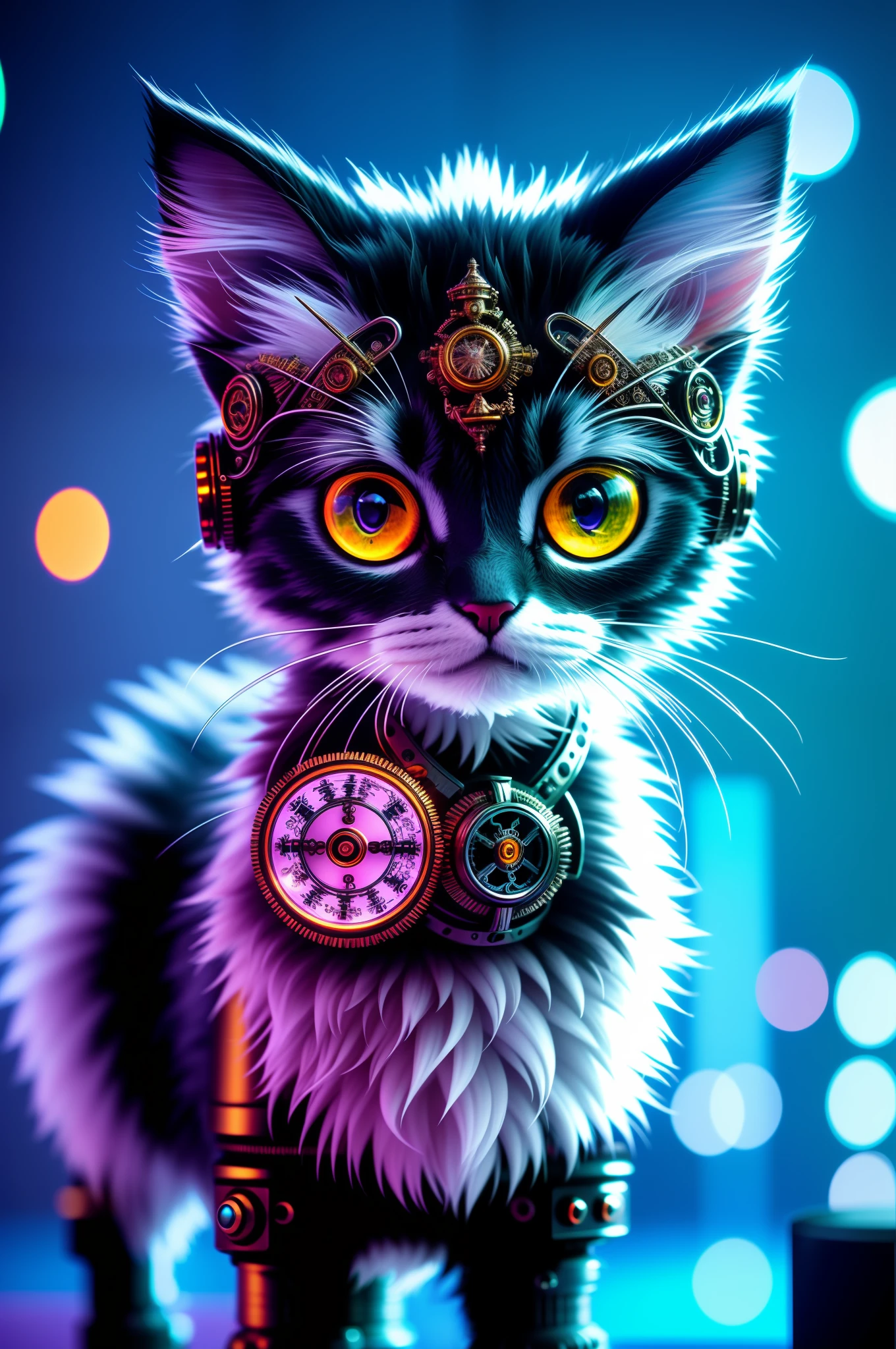 a cute fluffy kitten made out of metal, cyborg, cyberpunk style, clockwork, ((intricate details)), hdr, big eyes, ((intricate details, hyperdetailed)), vacuum tube or electron tube, cinematic shot, vignette, bokeh effect beckground