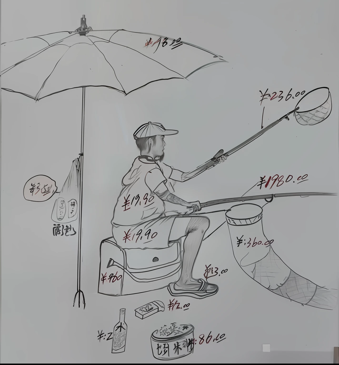 Painting a man sitting on a chair, holding an umbrella and fishing rod, traditional painting style, professional painting, hand drawing, high quality sketch, well drawn, professional sketch, Qu Leilei, traditional art, Yi Yuanji, Shi Zhonggui, artist sketch, Jojin