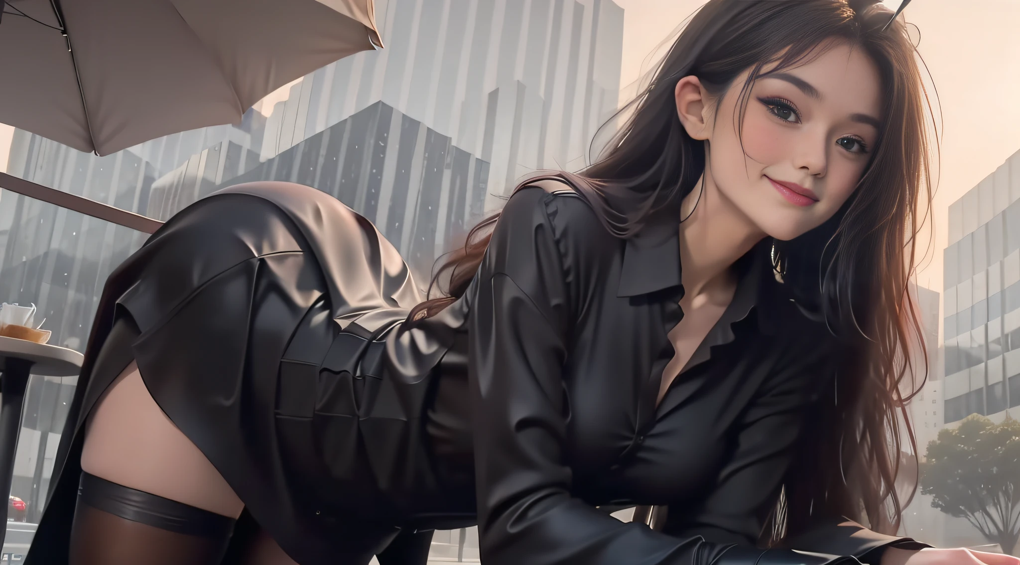 ((Best Quality, 8K, Masterpiece: 1.3)), Sharp: 1.2, Perfect Body Beauty: 1.4, Slim Abs: 1.2, Beautiful Details Sky, Details Cafe, Night, Sit, Date, (Nose Red), Sweet Smile, (Smile: 1.15), (Close Up) Small Breasts, Beautiful Eyes, (Collared Shirt: 1.1), Black Dress, Black Stockings, Night, Wet, Professionalwear, Rain, Long Hair, Flowing Hair, NovaFrog Style, Half Nude,