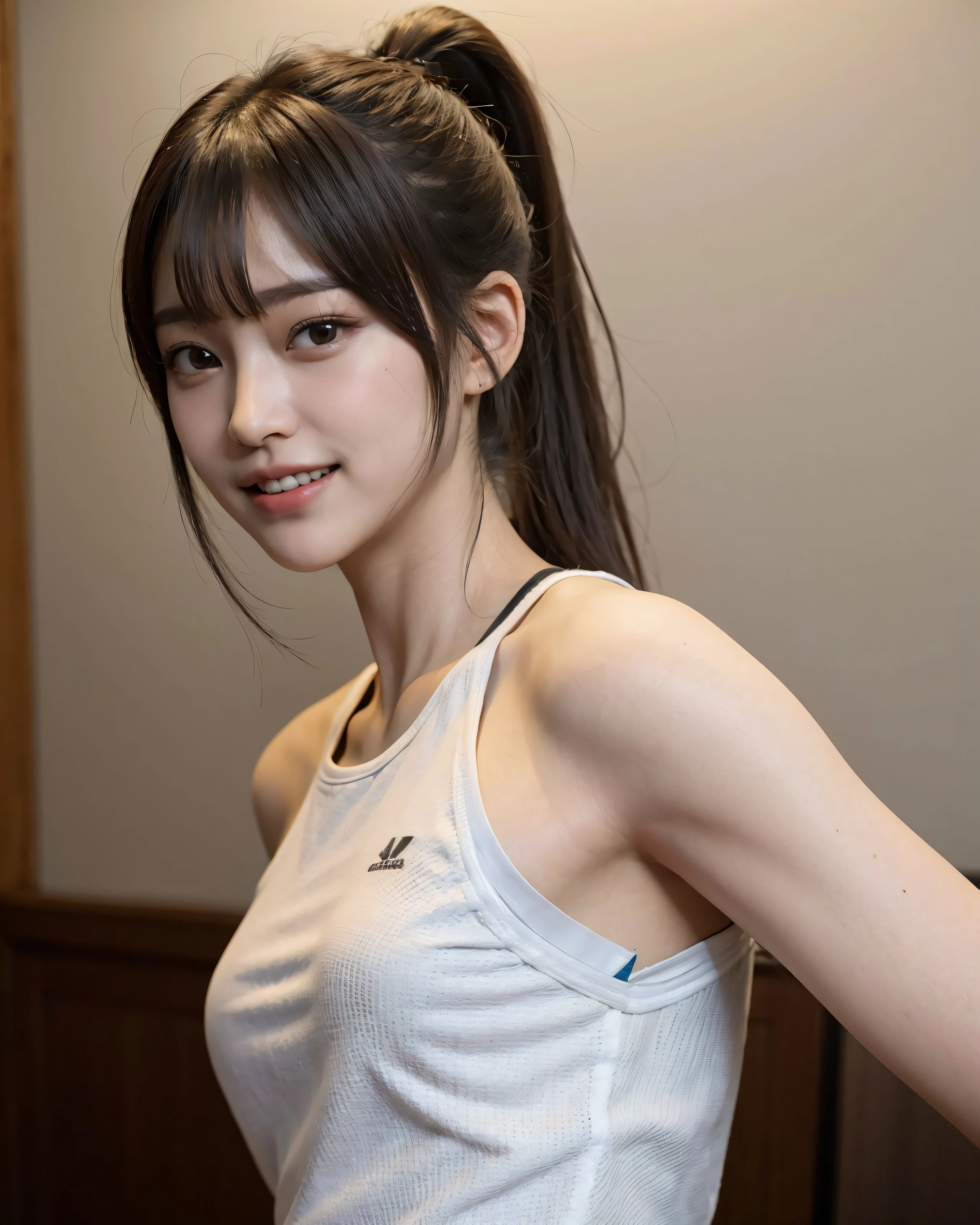 zydG, 1girl, detailed skin, looking at viewer, brown eyes, (ponytail with bangs:1.2), (large breasts:1.0), (large areolae:0.8), parted lips, teeth, smile, 
(photorealistic:1.4), (best quality:1.0), (ultra highres:1.0), 8k, RAW photo, (masterpiece:0.2), (sportswear:1.5), from side, 
(pureerosface_v1:0.5)