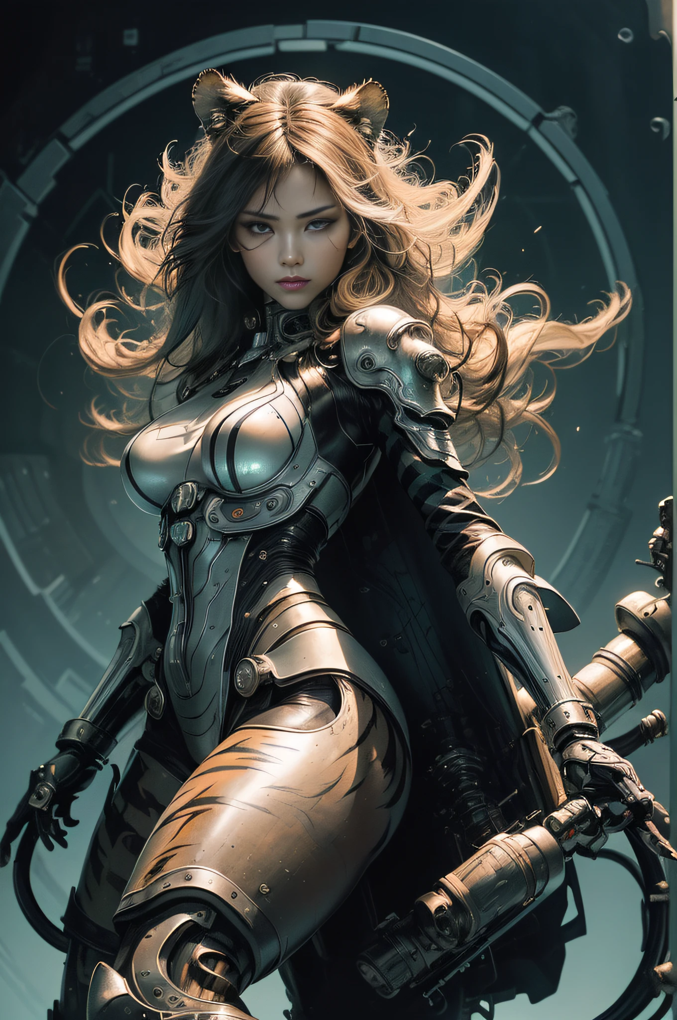 [Detailed illustrations, art based on extremely ideal anatomy, very detailed and detailed drawings, slow and delicate lines, realistic texture expression],((Color tressed main lines)),(Artwork with outstanding virtuosity),(Briefing room background),[(HENTAI) ANIME Girl Japanese Beauty Cyborg 17 years old (Wild hair)] Muscular (( KARATE)) (Mechanical arms (with built-in engine: 0.4)),[Black leather jacket] ((Tiger: 0.6) (Translucent rubber inner)) (((Tiger stripes),(Chrome coating:0.5))),(Science Fiction Mechanical Bioengineering),((Fine and beautiful skin expression (transparency)))),((Clear gaze)),(Perfect eye details ( Beautifully drawn eyes))),(Beautiful perfect face (realistic face details)),((Beautiful hair details)),(Perfectly proportioned proportions)),(Design built to a high level,((Advanced structural understanding of materials)),Ideal color coordination),((Artistic decoration)) ((Dense details)),((Detail,High definition)),[( Ultra-precise detail),((Multi-layered texture)),HighQuality,High Resolution],((Accurate simulation of light-material interactions, understanding of air flow, mechanically correct representation)),(((Visual art with a sense of narrative)).