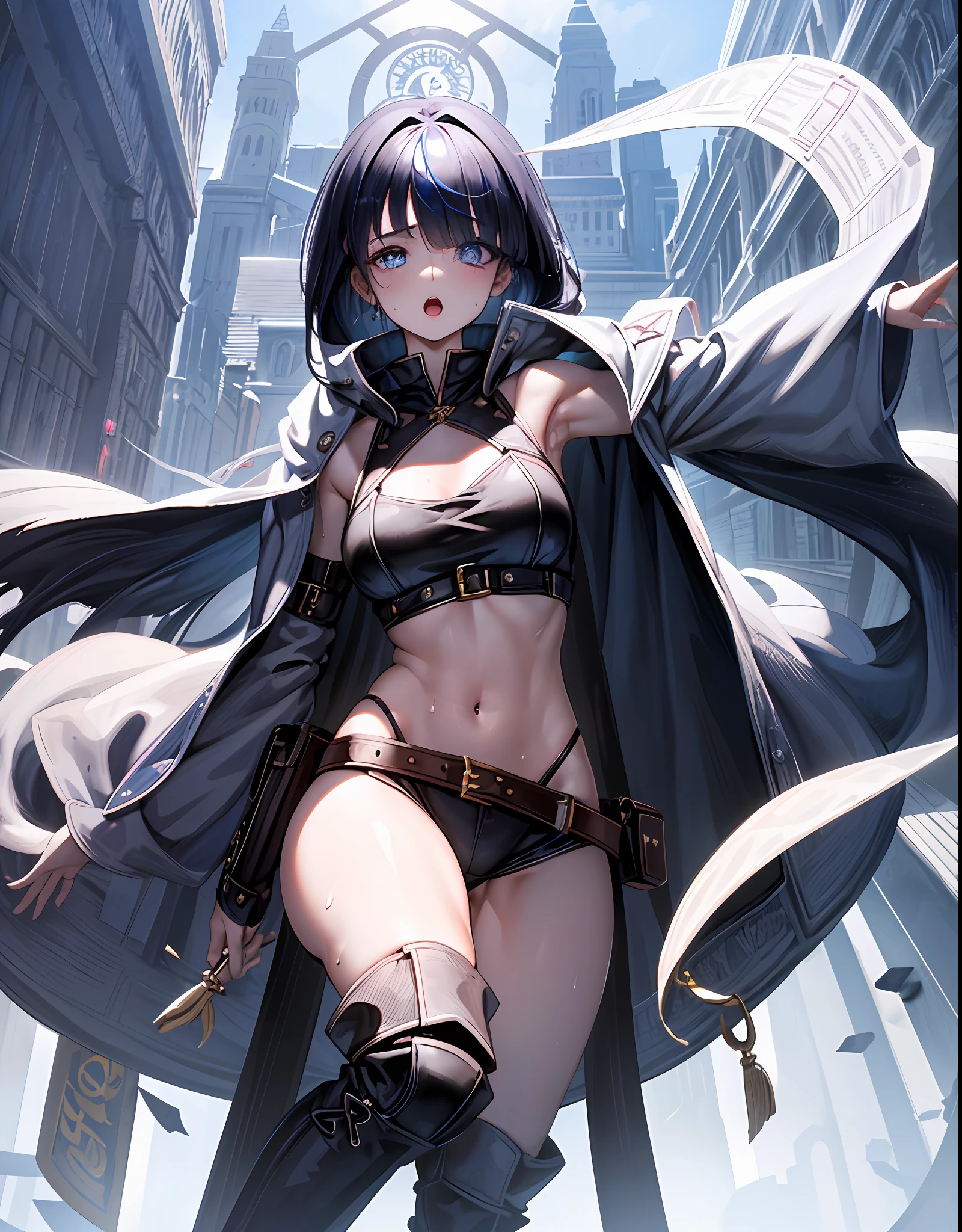 Fantasy,1 girl,, ((loli))+, child,belue_eye, blush, big_, cloak, hood, black_medium_hair, ((((long_bangs,hair_over_one_eye))))++, black_see-through_bodysuit, harness, navel,open_mouth, public, in_fantasy_city_background,sweat, armpits, thighs, boots, groin, sweat,_juice, dynamic_pose_jumping, dynamic_angle, tiny_groin, happy,sleepy,confused, (thin_ass, thin_thighs),